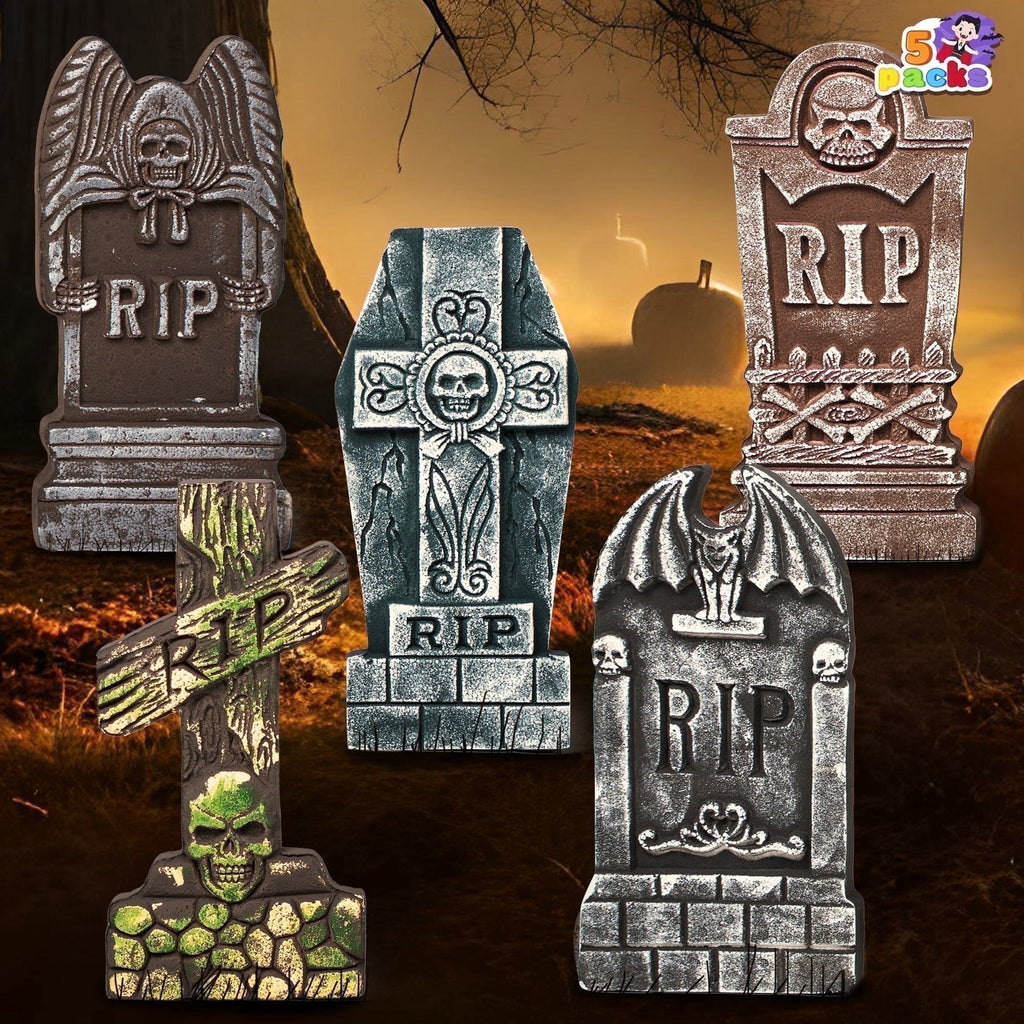Joyfy 17" Halloween 5 Pack Tombstone Decorations, Foam RIP Graveyard Signs Cemetery Headstones Scary Outdoor Indoor Halloween Decor with 12 Metal Stakes for Easy Set Up, Waterproof for Garden Lawn