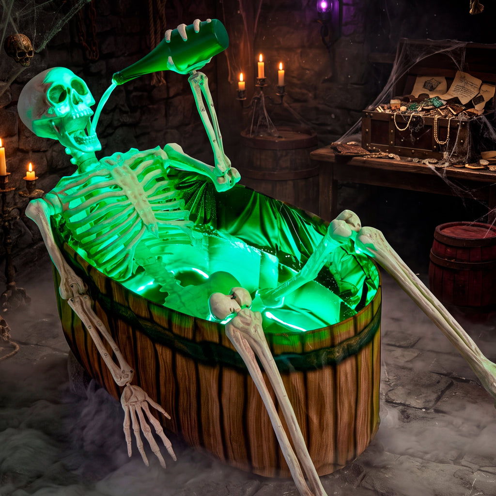 Joyfy 5ft Drinking Skeleton Halloween Animatronic Decorations, Outdoor Haunted Props with Endless Liquid Pouring Effect, Green LED Lights & Spooky Sounds, Life-Size Skeleton for Garden Yard Lawn