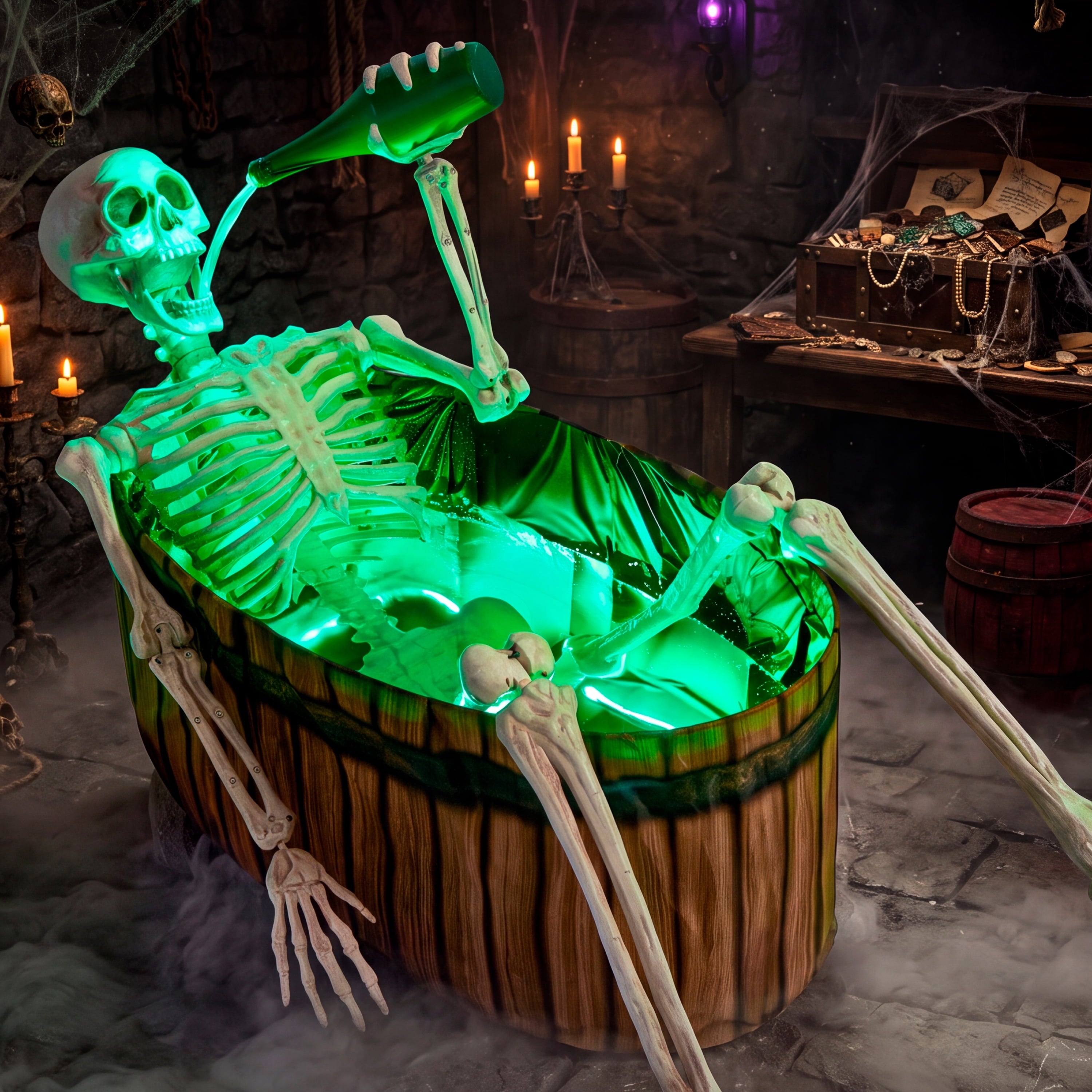 Joyfy 5ft Drinking Skeleton Halloween Animatronic Decorations, Outdoor Haunted Props with Endless Liquid Pouring Effect, Green LED Lights & Spooky Sounds, Life-Size Skeleton for Garden Yard Lawn