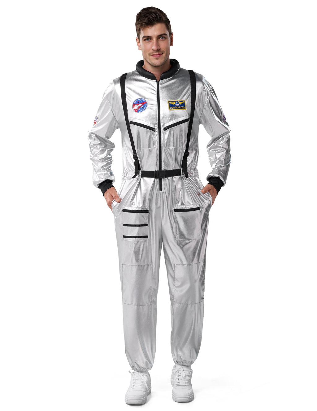Joyfy Adult Men Astronaut Costume Halloween Spaceman Costume Silver Space Suit Spaceman Jumpsuit Pilot Outfit for Halloween Party Cosplay