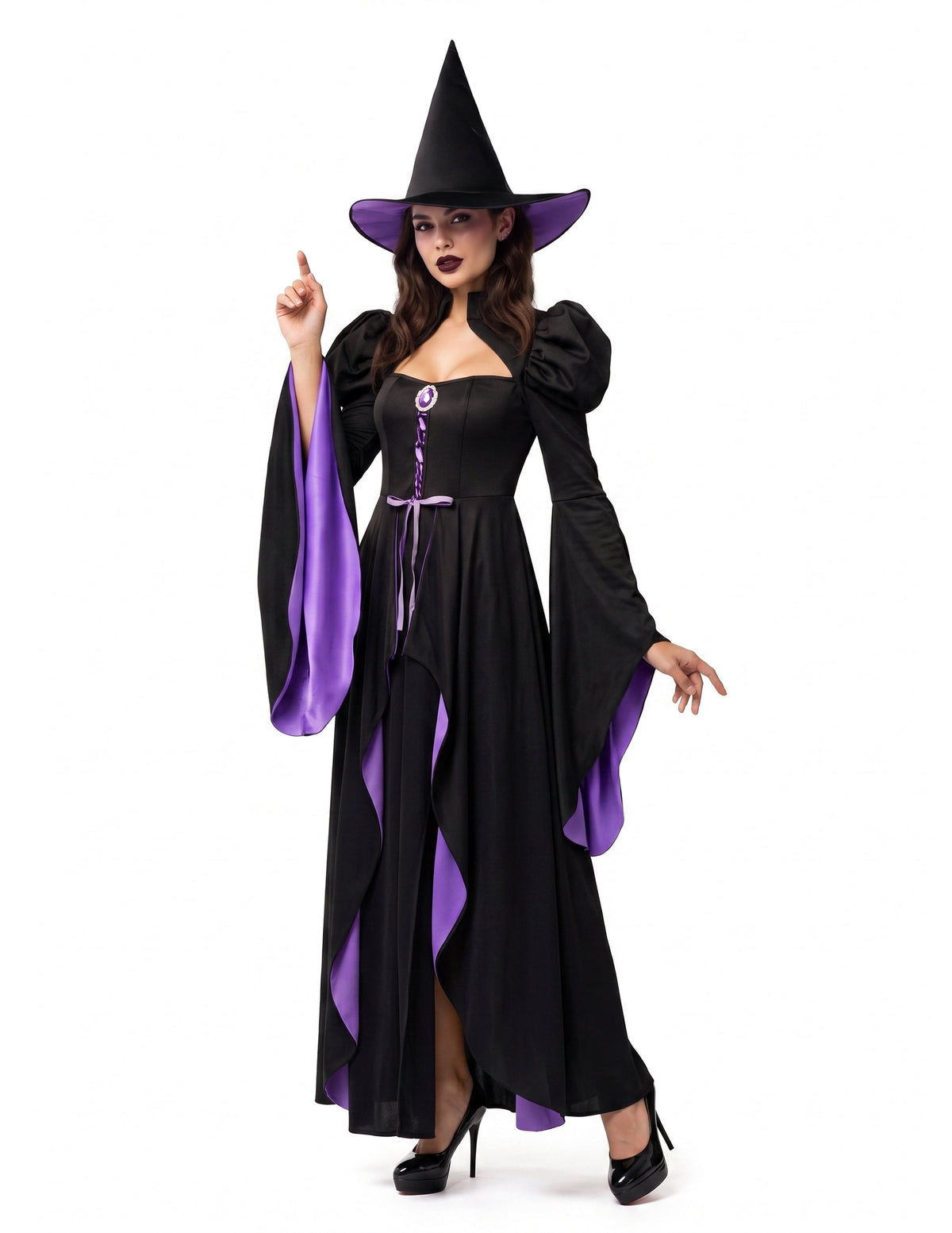 Joyfy Witch Costume for Women, Starry Witch Dress with Belt Hat for Adult Halloween Party Cosplay Dress up
