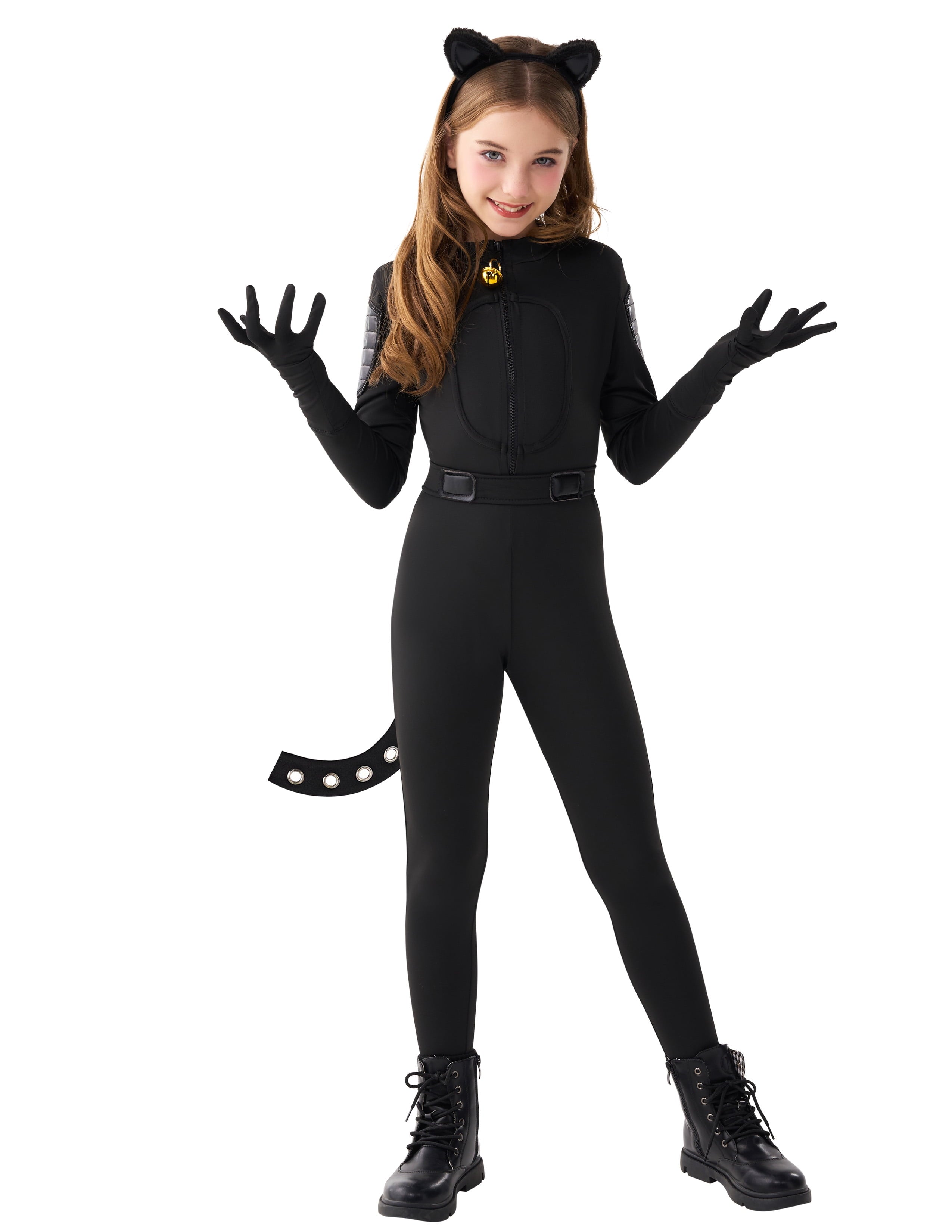 Joyfy Black Cat Costume for Girls, Kids Cat Outfit Set with Tail, Child Black Cat Halloween Costume for Cosplay Party