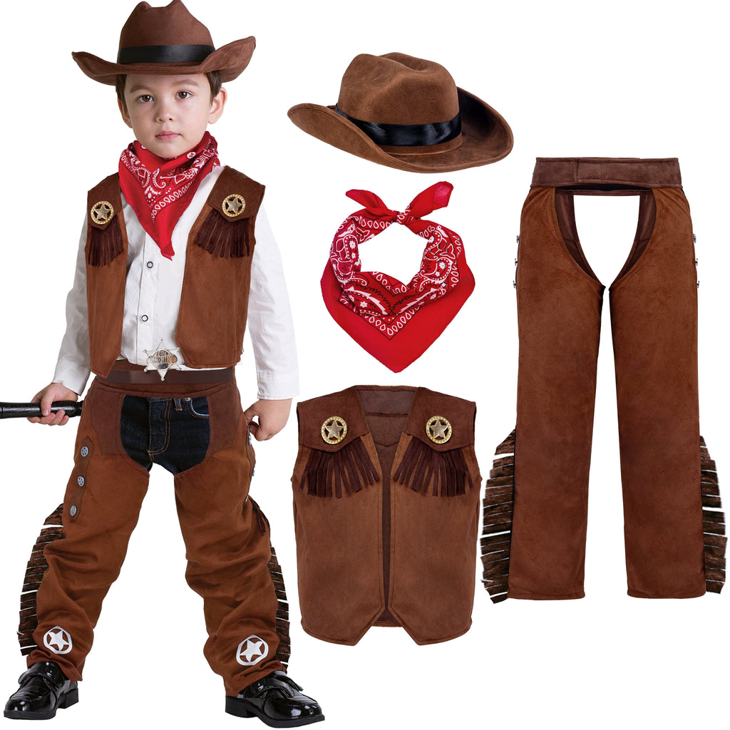 Joyfy Halloween Cowboy Costume for Boys, Kids Cowboy Costume Set, Brown Western Style Cowboy Outfit with Cowboy Hat for Toddler Dress-up Party Cosplay