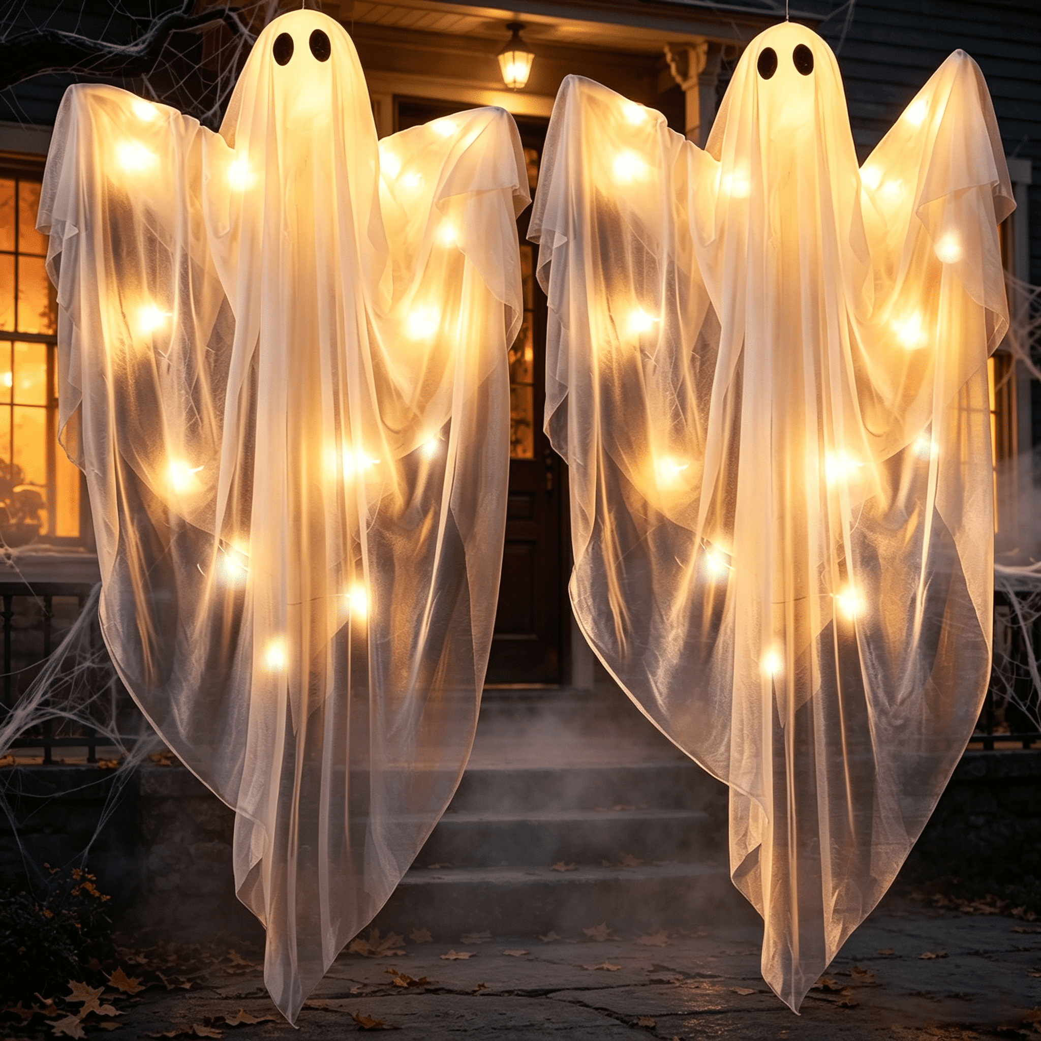 Joyfy 47" Halloween Hanging Light up Ghost Decorations Outdoor,White Ghosts with Blue LED Light and Timer Halloween Hanging Decoration Waterproof for Front Yard Patio Lawn
