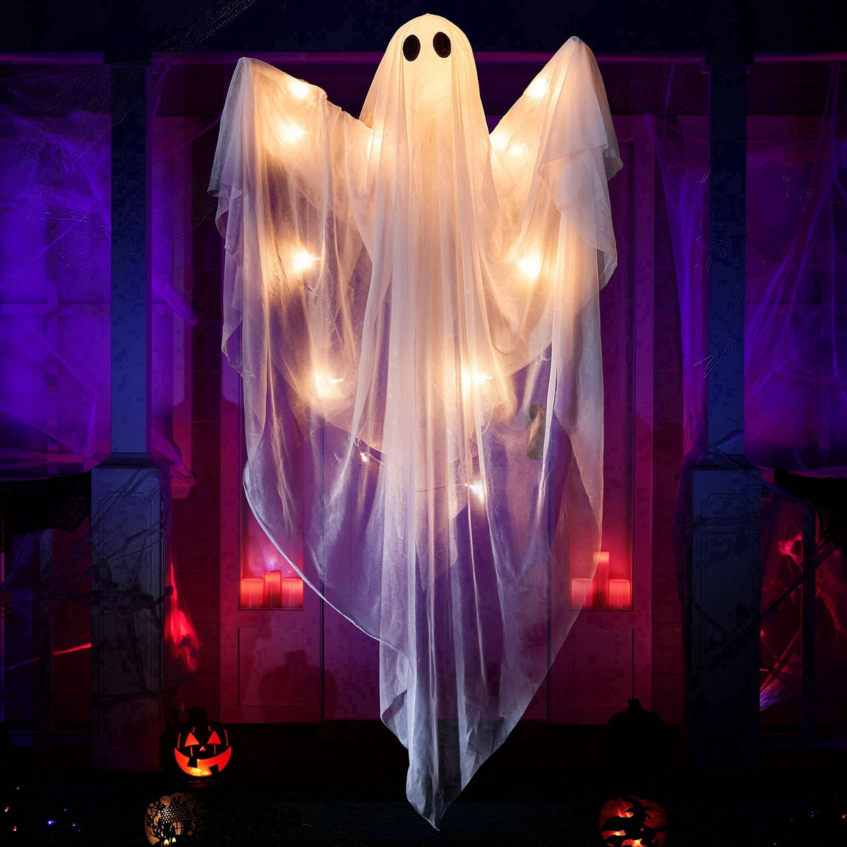 Joyfy 47" Halloween Hanging Light up Ghost Decorations Outdoor,White Ghosts with Blue LED Light and Timer Halloween Hanging Decoration Waterproof for Front Yard Patio Lawn