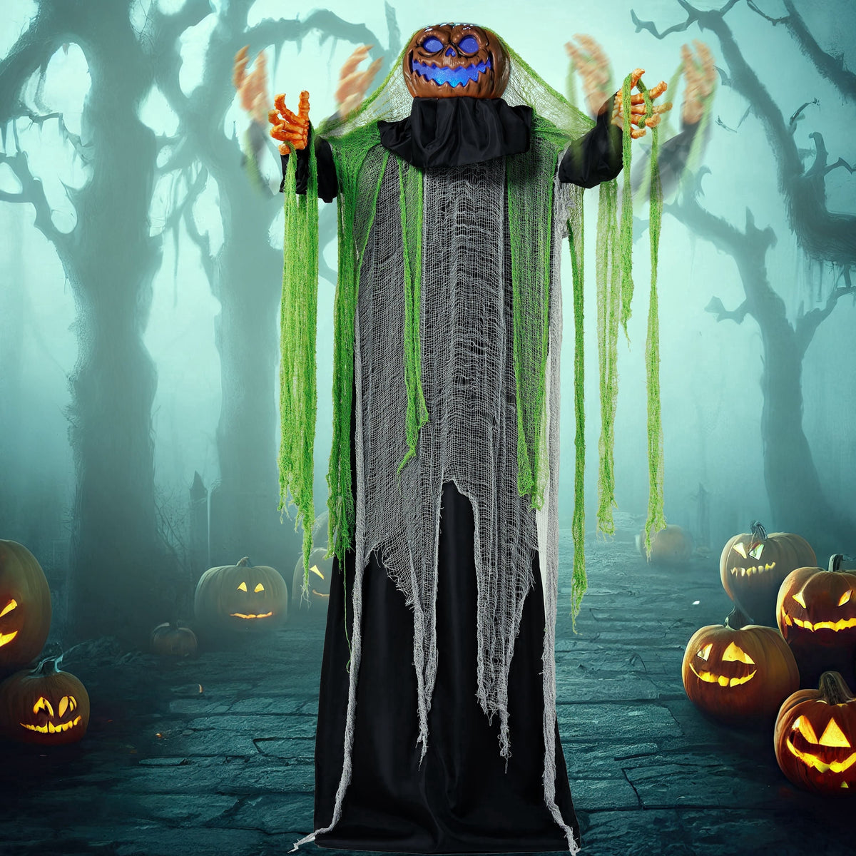 Joyfy 67" Standing Grim Reaper with Chain, Large Halloween Decorations Outdoor, Life Size Animatronics Skelton, Sound-Actived Party Decor with Creepy Sound & LED Eyes, Scary Haunted House Props