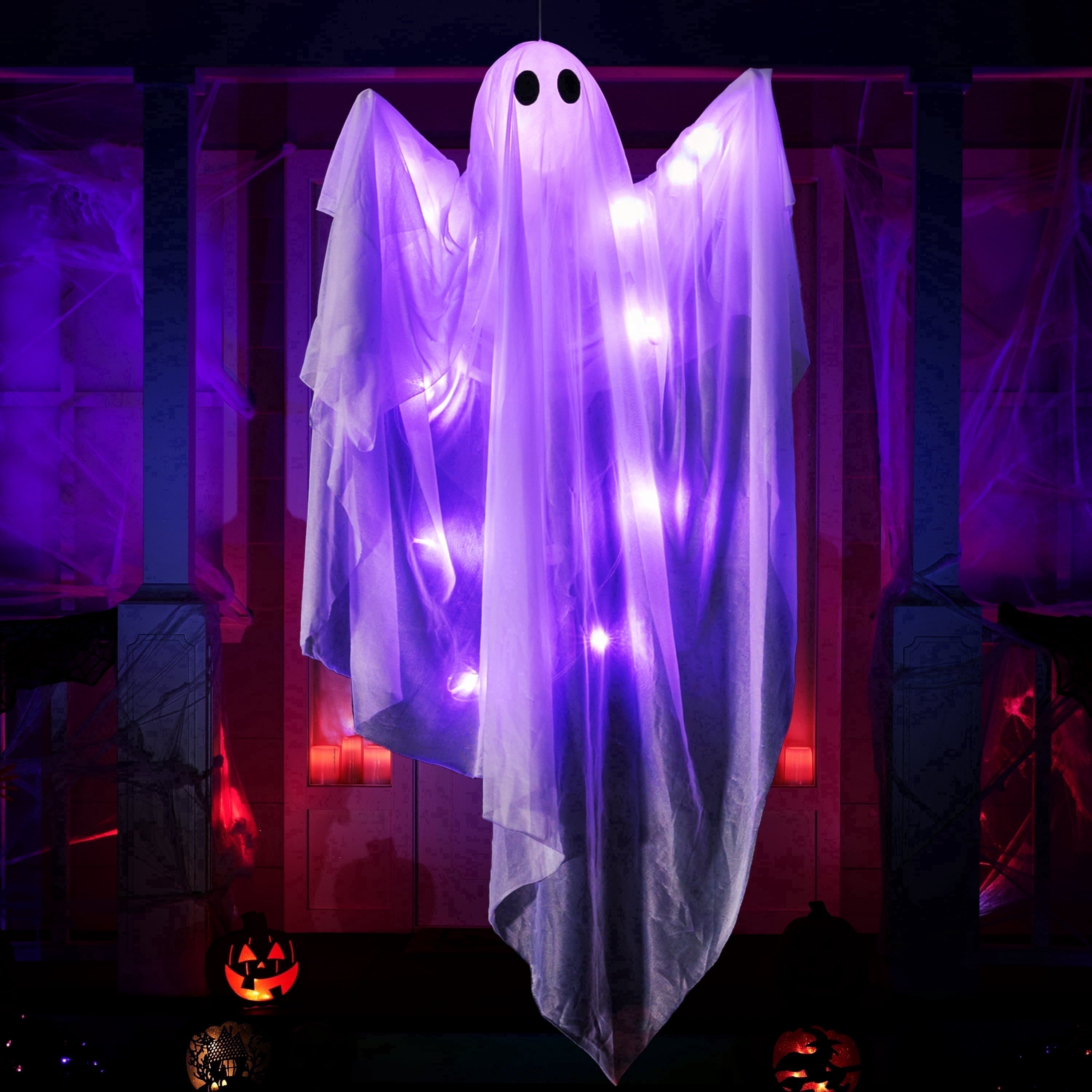 Joyfy 47" Halloween Hanging Light up Ghost Decorations Outdoor,White Ghosts with Blue LED Light and Timer Halloween Hanging Decoration Waterproof for Front Yard Patio Lawn