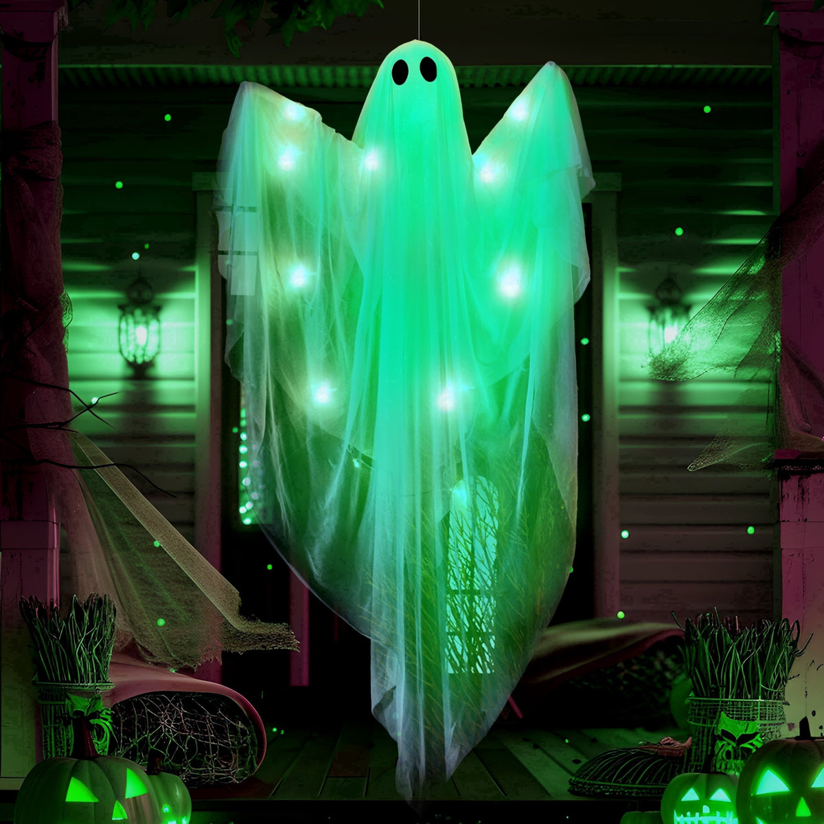 Joyfy 47" Halloween Hanging Light up Ghost Decorations Outdoor,White Ghosts with Blue LED Light and Timer Halloween Hanging Decoration Waterproof for Front Yard Patio Lawn
