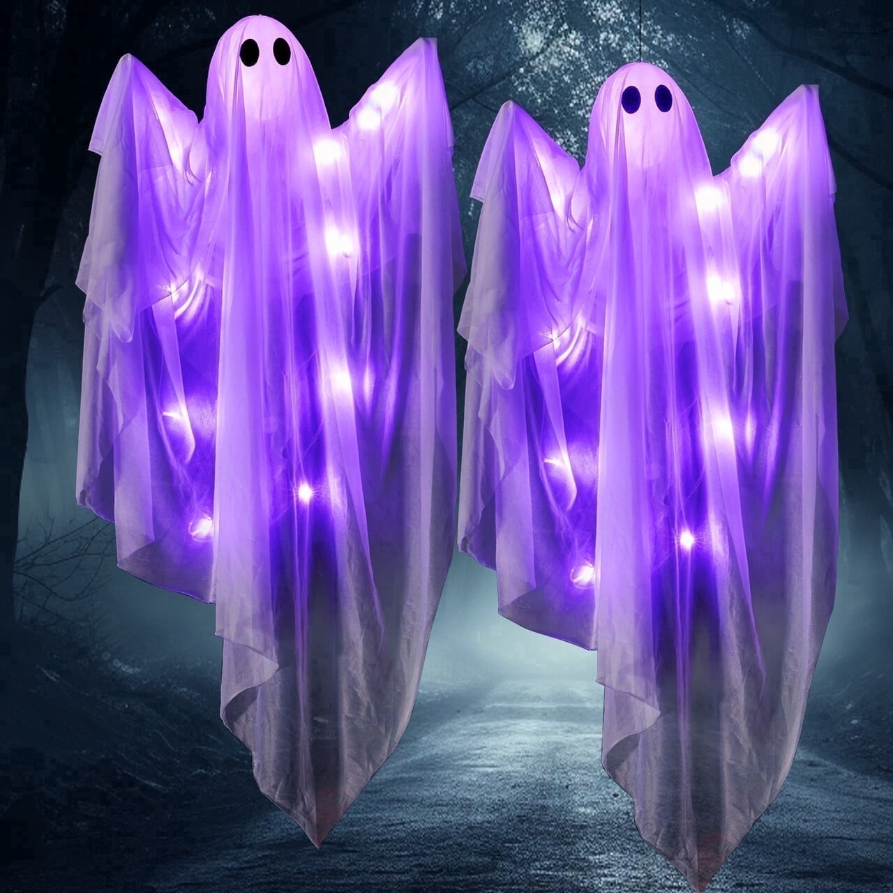 Joyfy 47" Halloween Hanging Light up Ghost Decorations Outdoor,White Ghosts with Blue LED Light and Timer Halloween Hanging Decoration Waterproof for Front Yard Patio Lawn