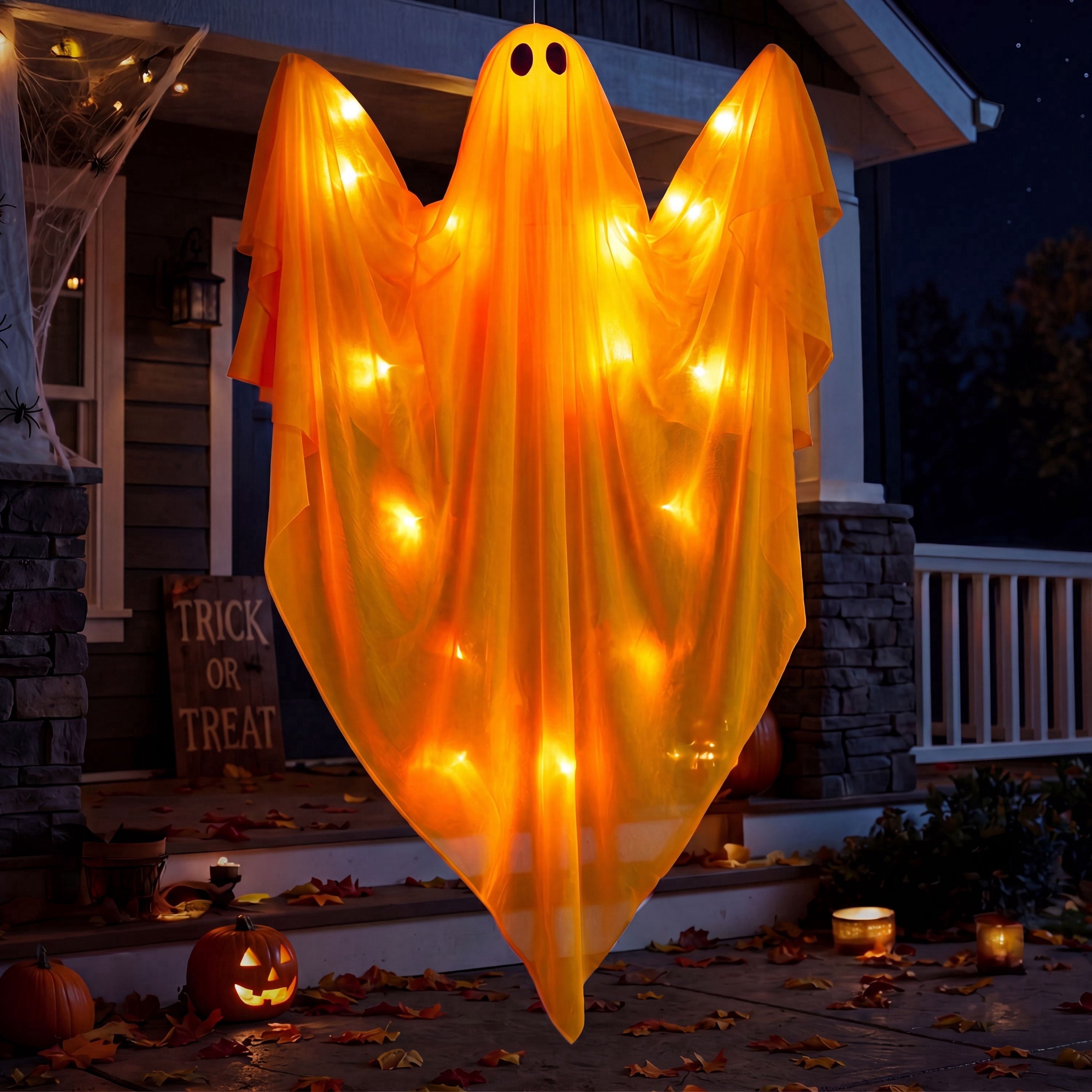 Joyfy 47" Halloween Hanging Light up Ghost Decorations Outdoor,White Ghosts with Blue LED Light and Timer Halloween Hanging Decoration Waterproof for Front Yard Patio Lawn