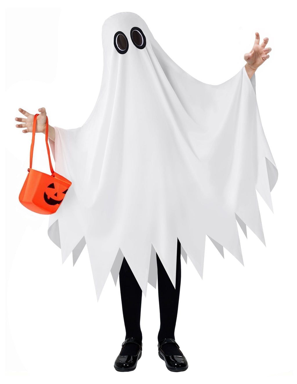 Joyfy Kids Ghost Costume, Halloween Ghost Costume, White Silent Ghost Costume with Pumpkin Bag for Toddler Boys Girls Halloween Party Dress Up Cosplay