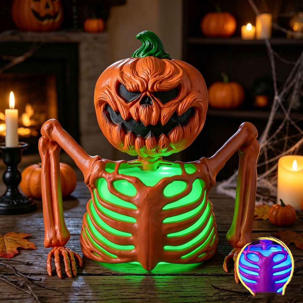Joyfy Halloween LED Light Up Skeleton Pumpkin Table Decor,Multicolor Lighted Pumpkin Skeleton Ornament Indoor Outdoor Desk & Party Tabletop Decoration Supplies (10x8.6inch)