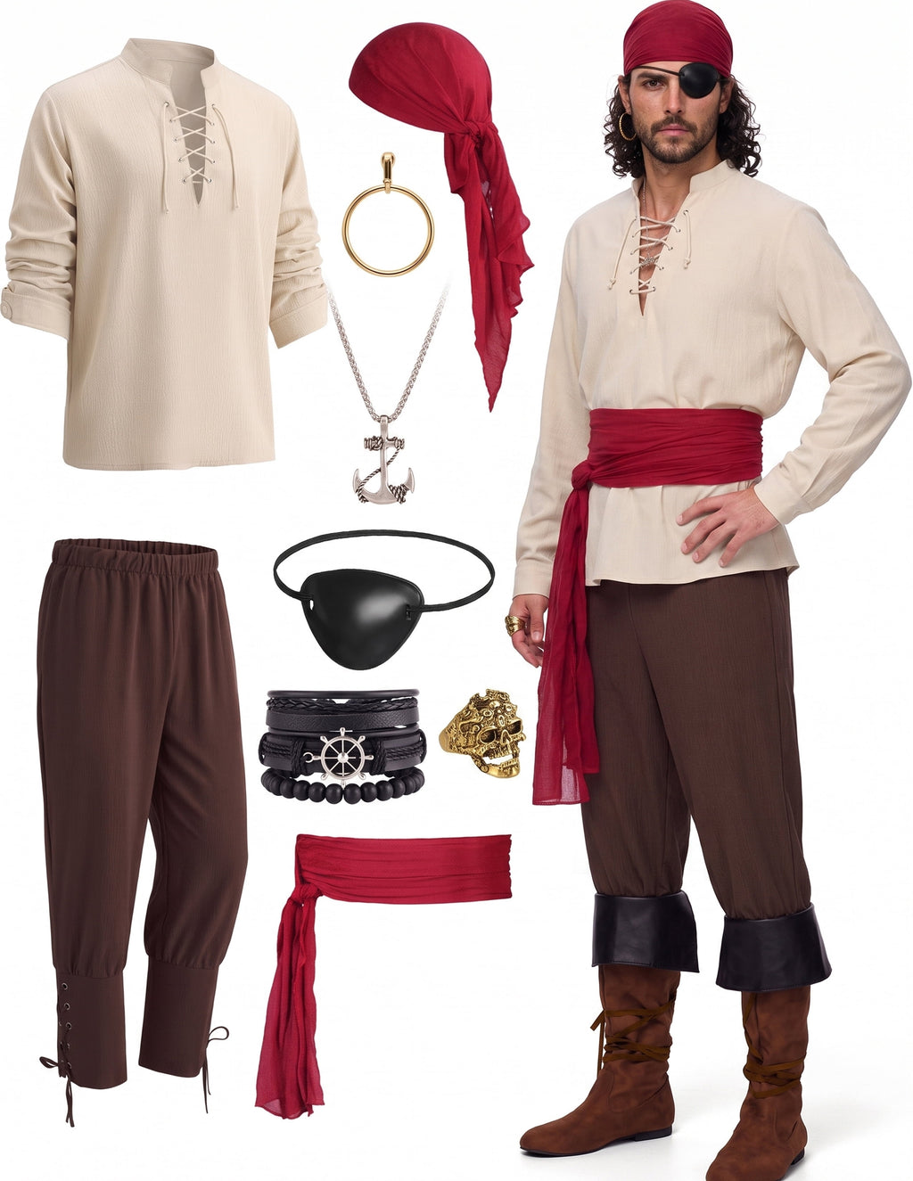 Joyfy Men Pirate Costume Set, Adult Halloween Costume Renaissance Medieval Viking Pirate Costume for Halloween Fancy Dress Up Party Cosplay