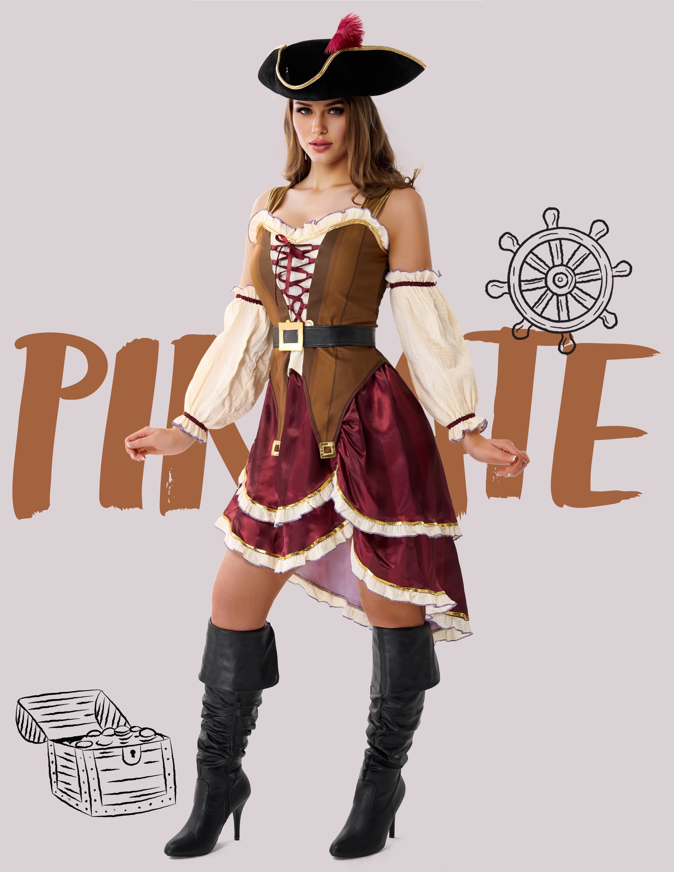 Joyfy Pirate Costume for Women Halloween Adult Pirate Dress with Pirate Hat for Halloween Costume Party Fancy-Dress Costume