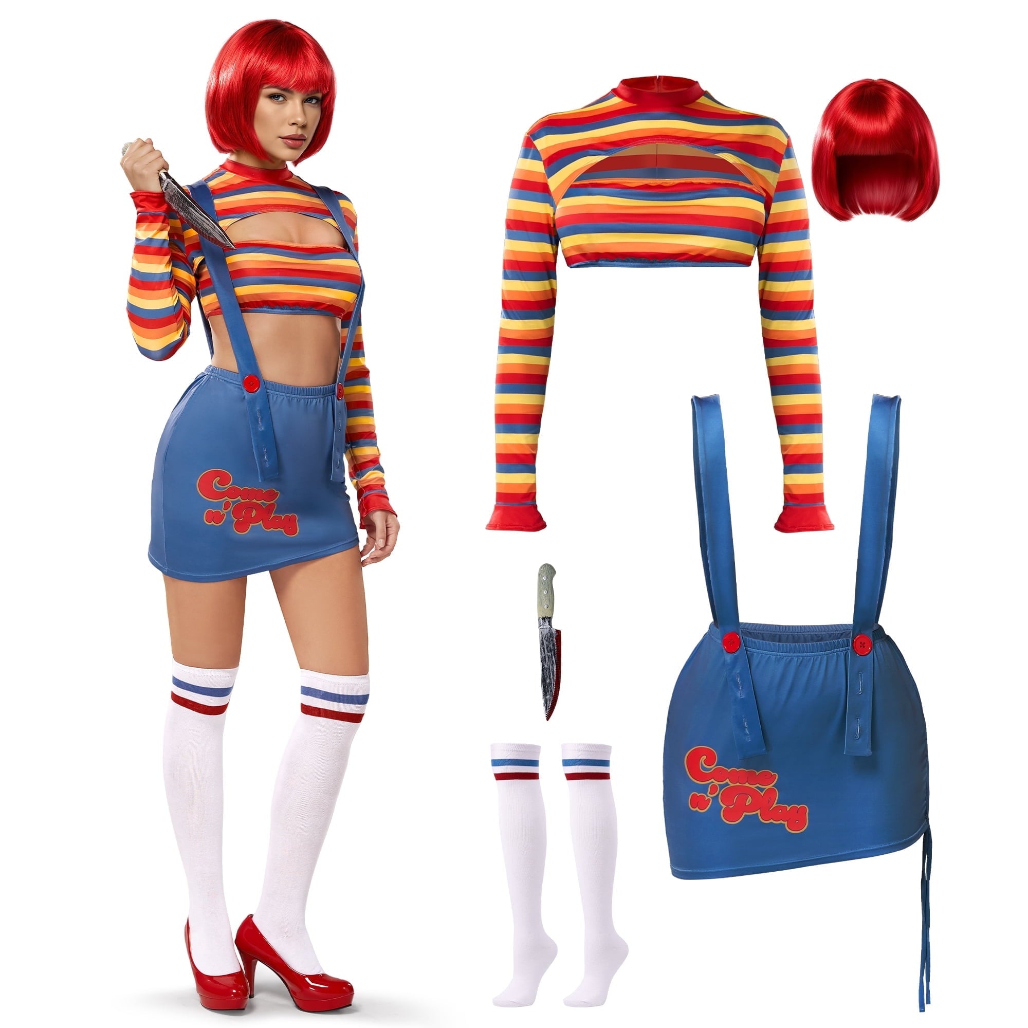 Joyfy Women Killer Doll Costume, Adult Creepy Doll Costume Scary Nightmare Killer Doll Dress for Halloween Costume Party Cosplay