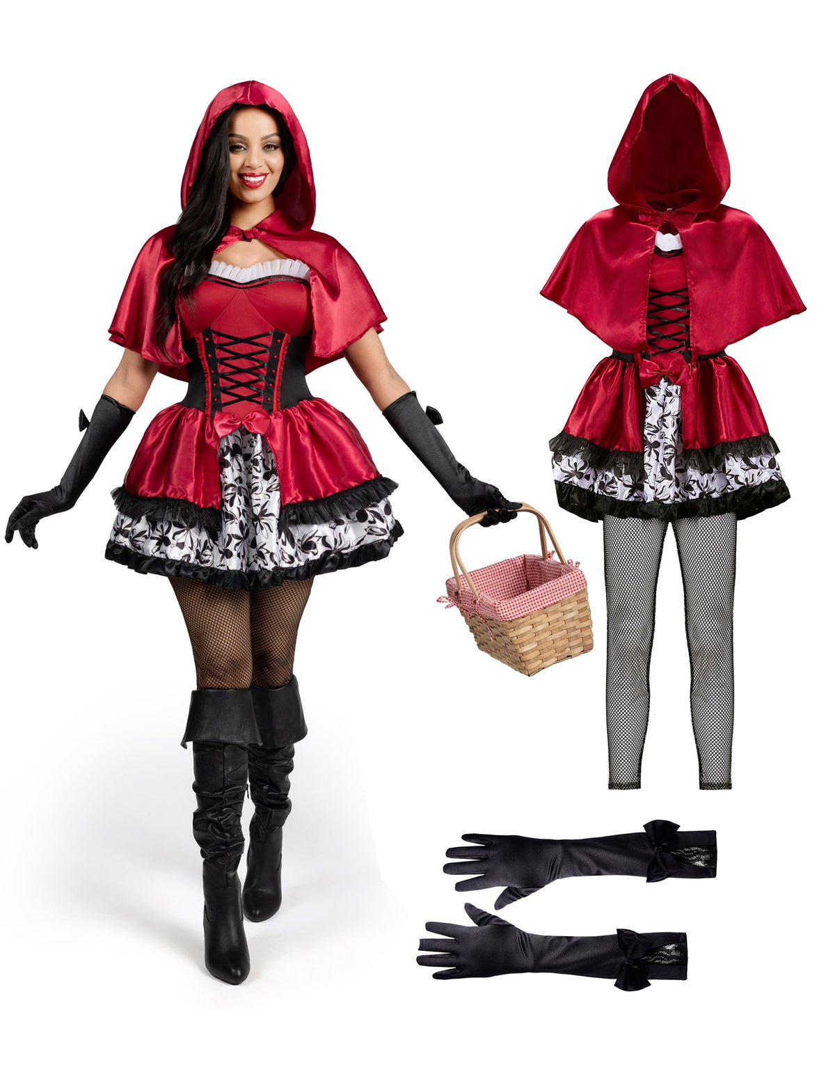 Joyfy Women Little Red Riding Hooded Costume with Dress, Cape and Gloves Outfits Set, Adult Women Halloween Costume for Halloween Themed Party Cosplay