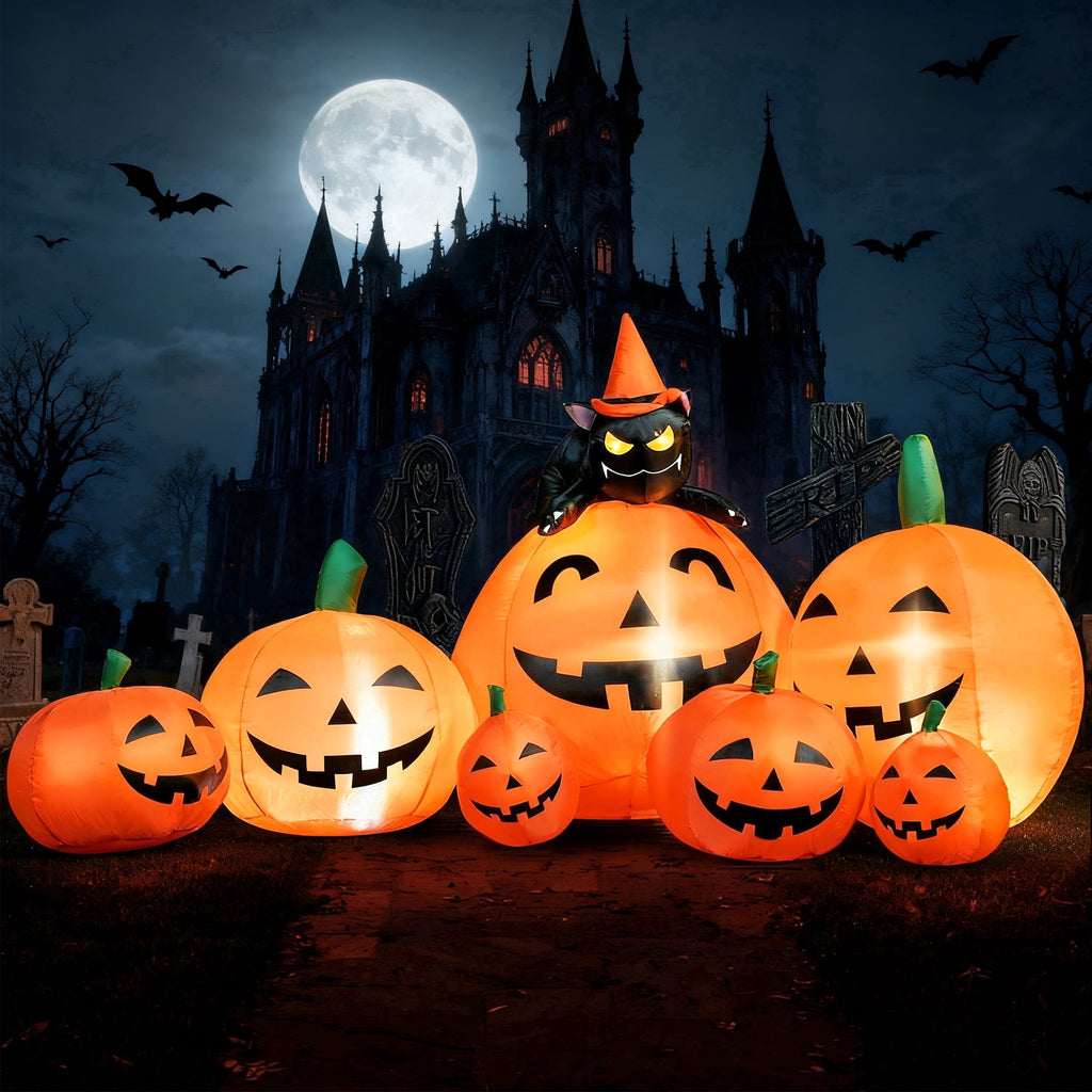 Joyfy 7 ft Halloween Inflatable Long Pumpkin with Witch's Cat Decorations Inflatables with Build-in LEDs,Halloween Decor Outdoor Blow Up Yard Decorations