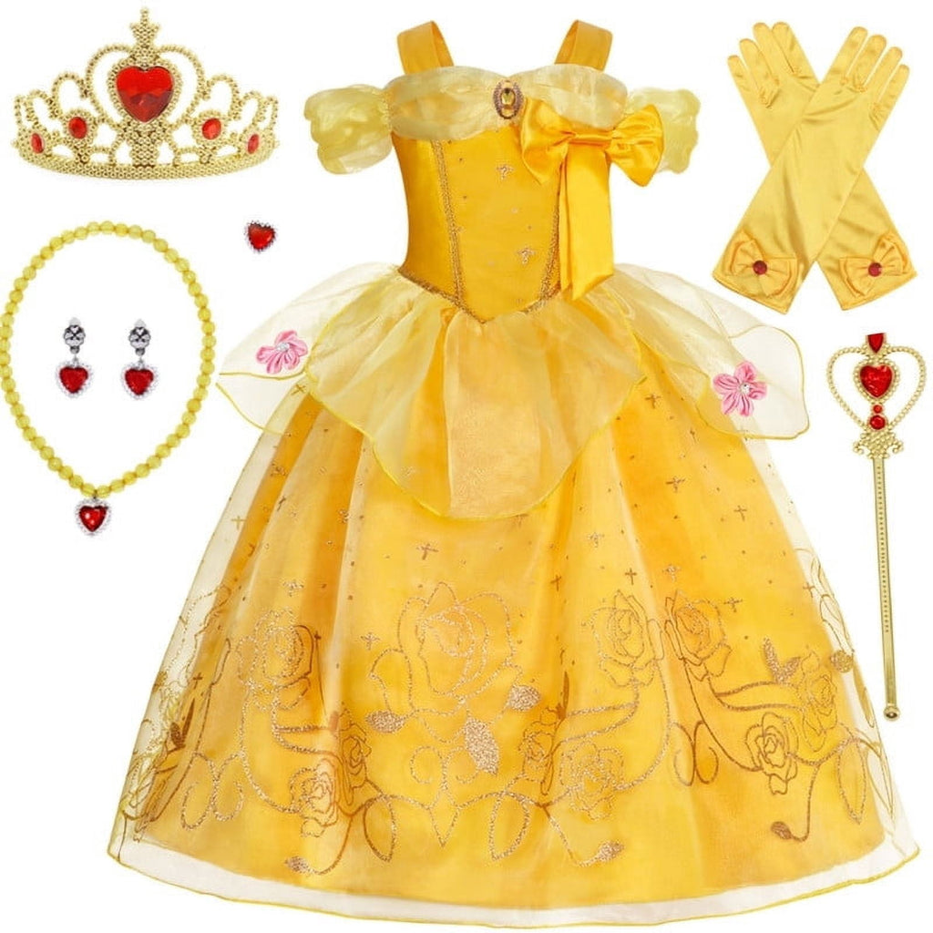 Jurebecia Princess Dress for Girls Costume Kids Off Shoulder Layered Toddler Halloween Cosplay Birthday Party Outfit up Yellow 120 cm 5-6 Years