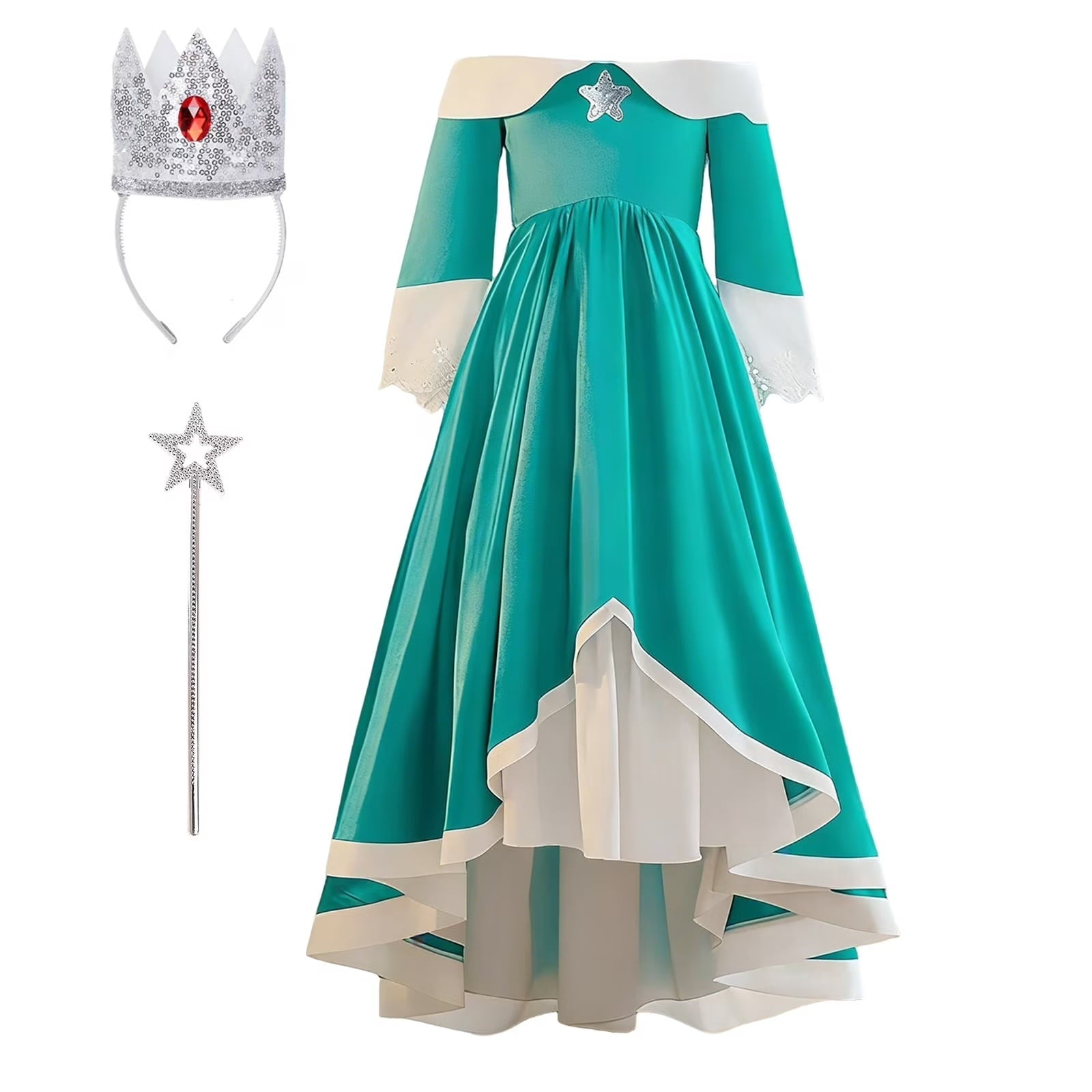 KAWELL Princess Costume Dress for Birthday Halloween Cosplay Dress Up With Crown Brooch Star Stick Accessories Green