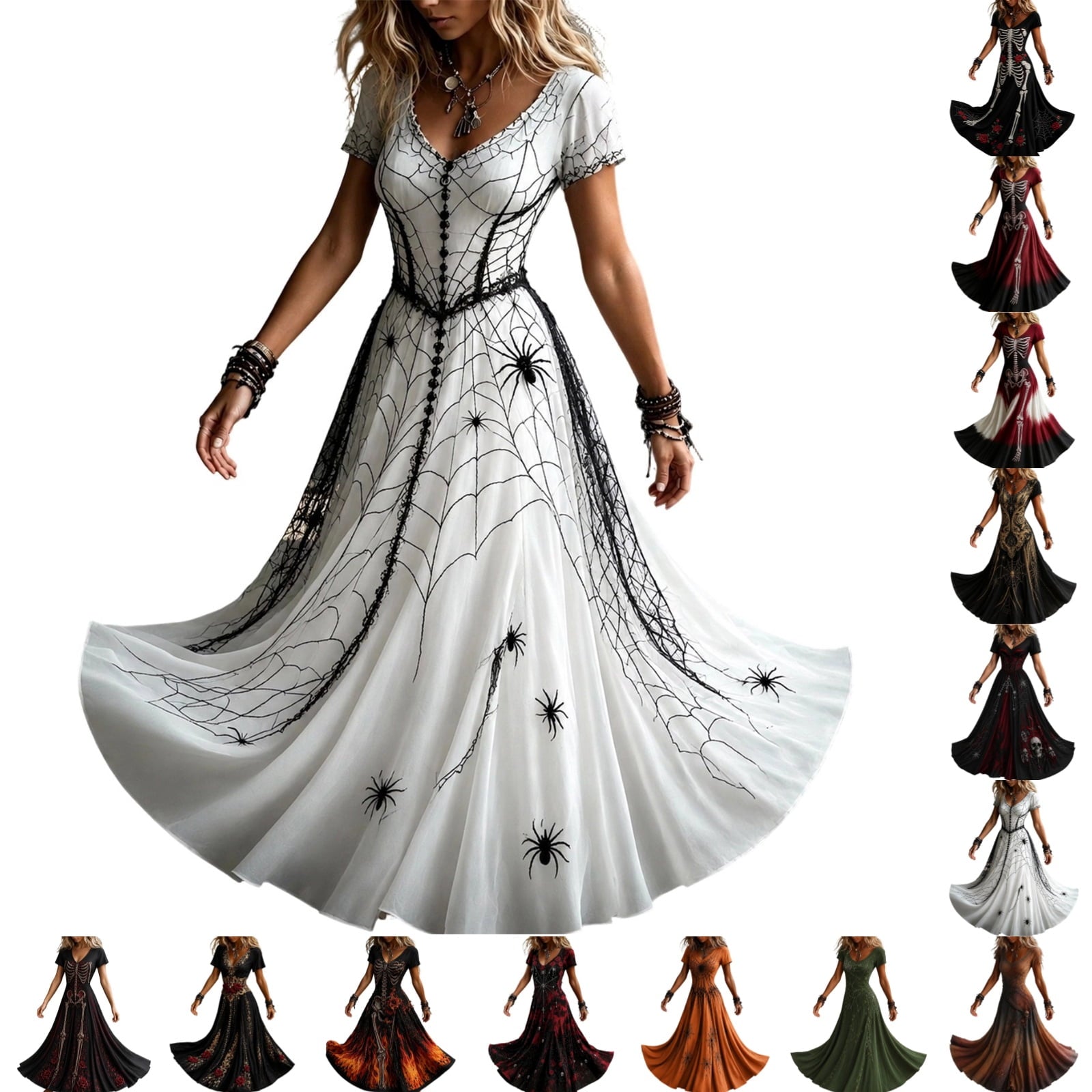 KICILVS Gothic Clothes For Women Black Spiderweb And Spider Print Flowing V Neck Long Maxi Dress Halloween Cosplay Gothic Party Dress