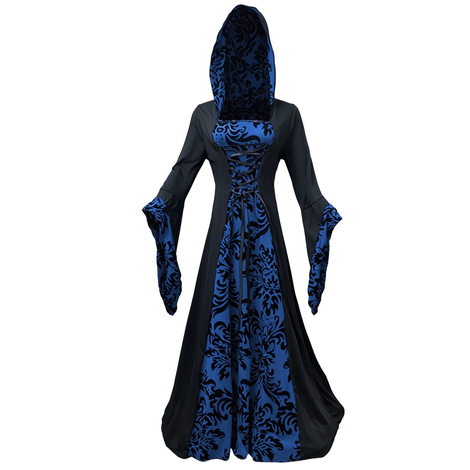 KICILVS Witch Costume Women Hooded Gothic Robe Corset Waist Bell Sleeve Maxi Length Damask Print Vampire Cloak Outfit White