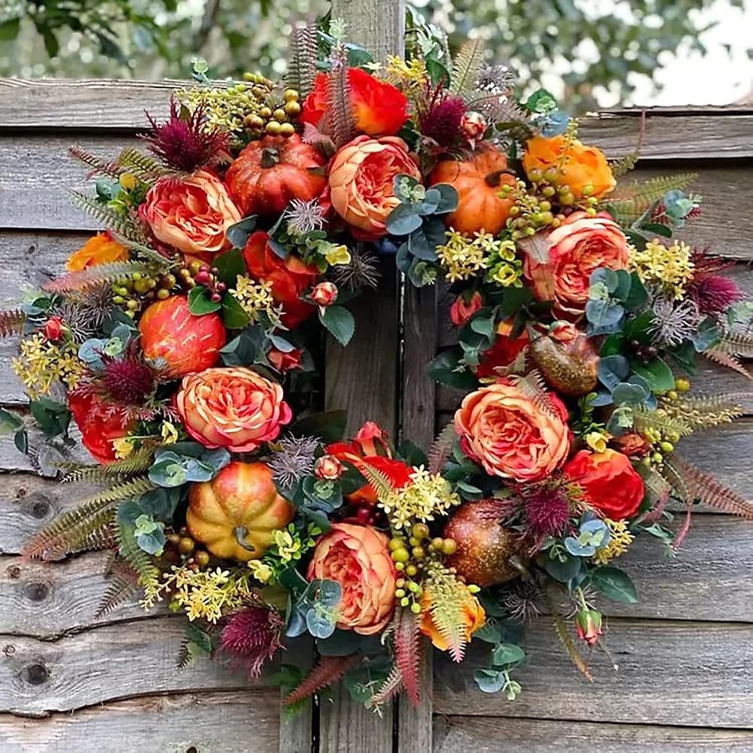 KOMI Fall Peony and Pumpkin Wreath, Autumn Year Round Wreaths for Front Door, Artificial Fall Wreath, Halloween Wreath, Fall Wreaths for Front Door, Autumn Wreath Thanksgiving Wreath (19.68 Inch)