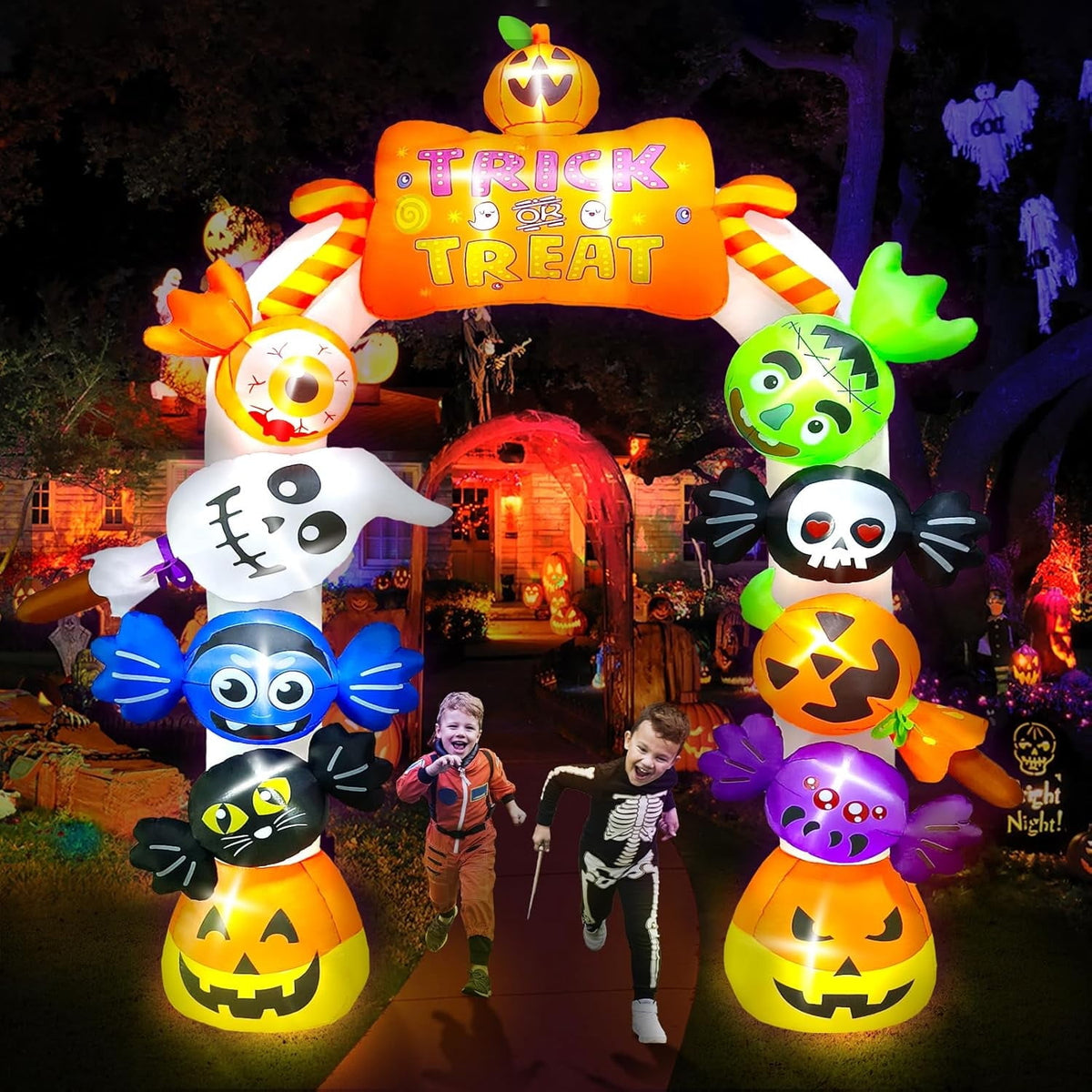 Kalolary 10FT Inflatable Candy Ghost Pumpkin Archway with Built-in Lights – Giant Outdoor Yard & Garden Decoration for Halloween, Indoor/Outdoor Use