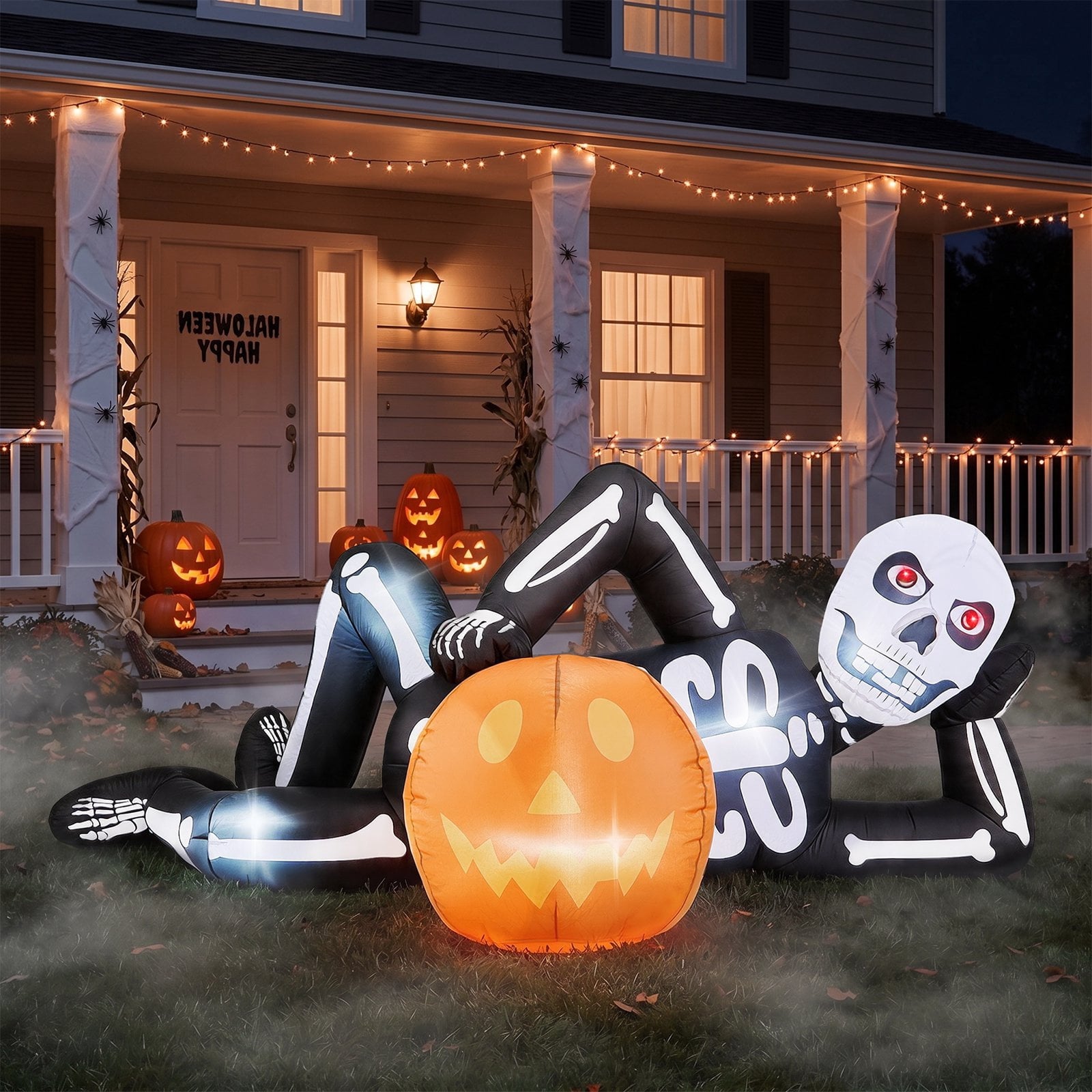 Ktaxon 7' Halloween Inflatables Skeleton Outdoor Halloween Decoration Reclining Skeleton with Pumpkin,Built-In LED Lights