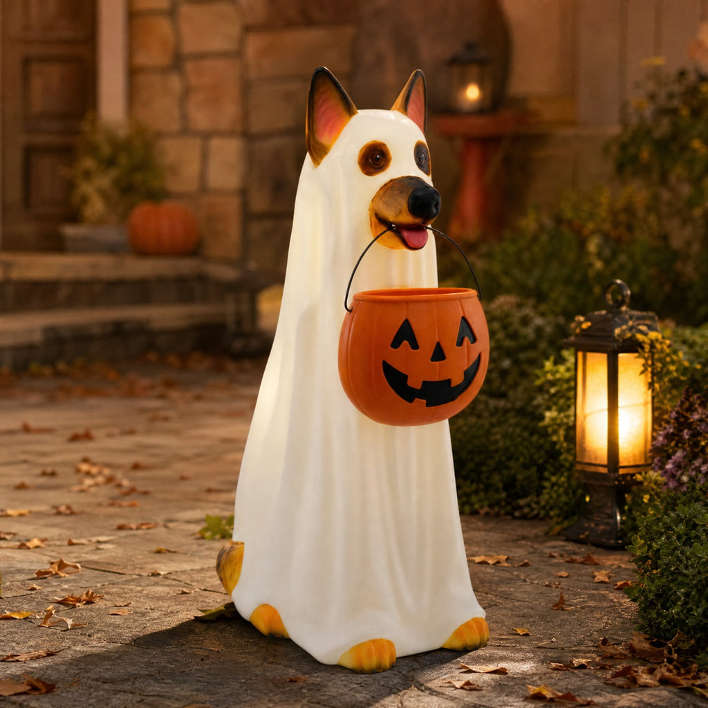 LED German Shepherd Blow Molded Halloween Statue, Light Up Ghost Dog Figure with Pumpkin Candy Bucket, Glowing German Shepherd Halloween Decoration for Outdoor Porch Yard Fall Spooky Season Home