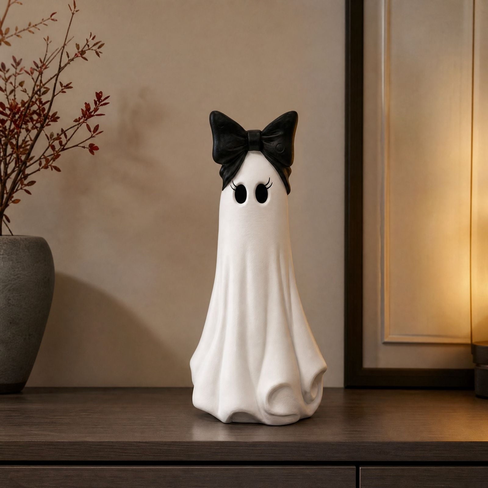 Clearance Halloween Ghost Resin Figurine with Black Cat & Pumpkin Candy Bowl 10“- Cute Spooky Tabletop Decor for Home Mantel, Shelf, and Indoor Fall Display