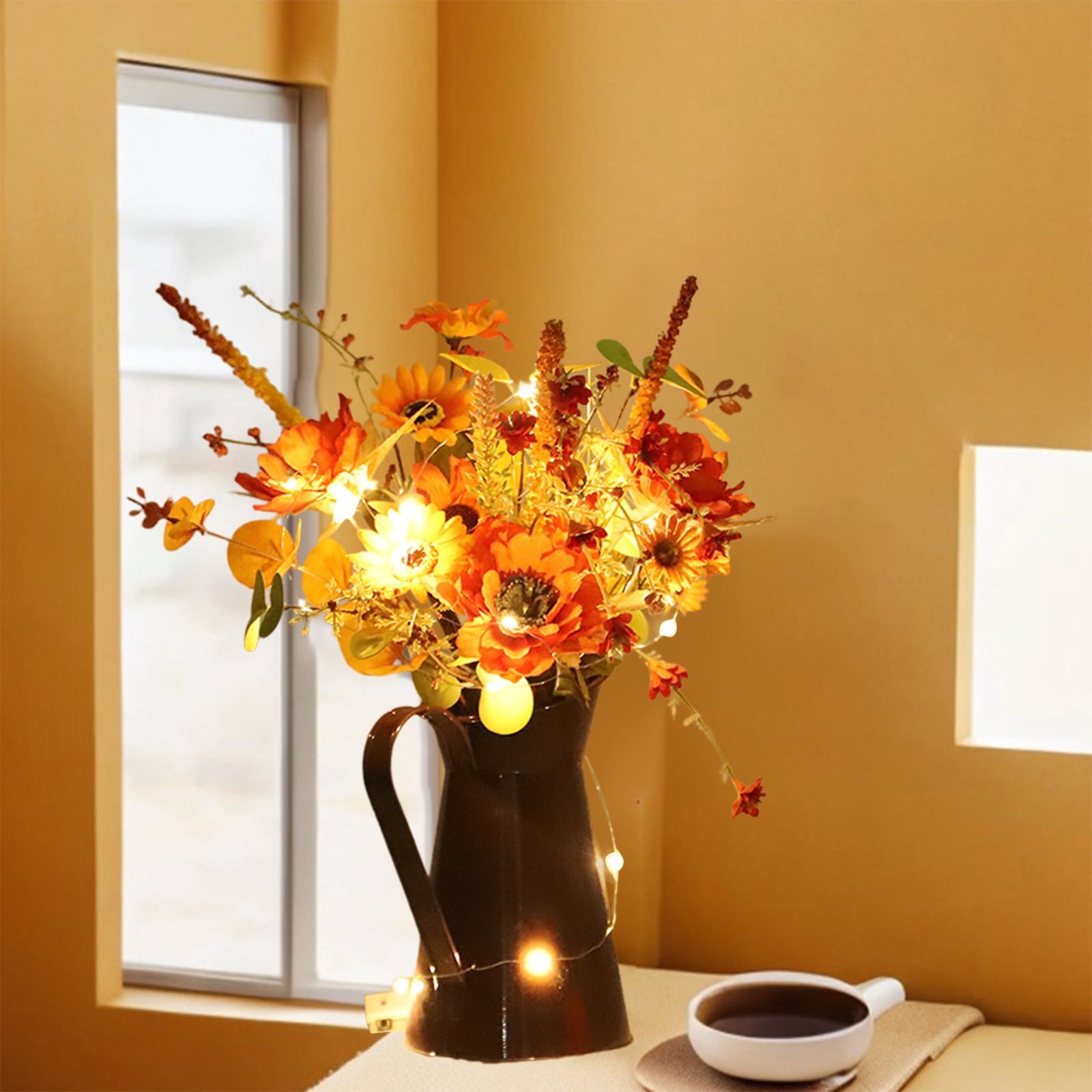 Light Up Sunflower Bouquet Decor - Battery Operated Floral Arrangement Halloween Thanksgiving Table Centerpiece Iron Vase Seasonal Home Gift(B-Witch Lamp)
