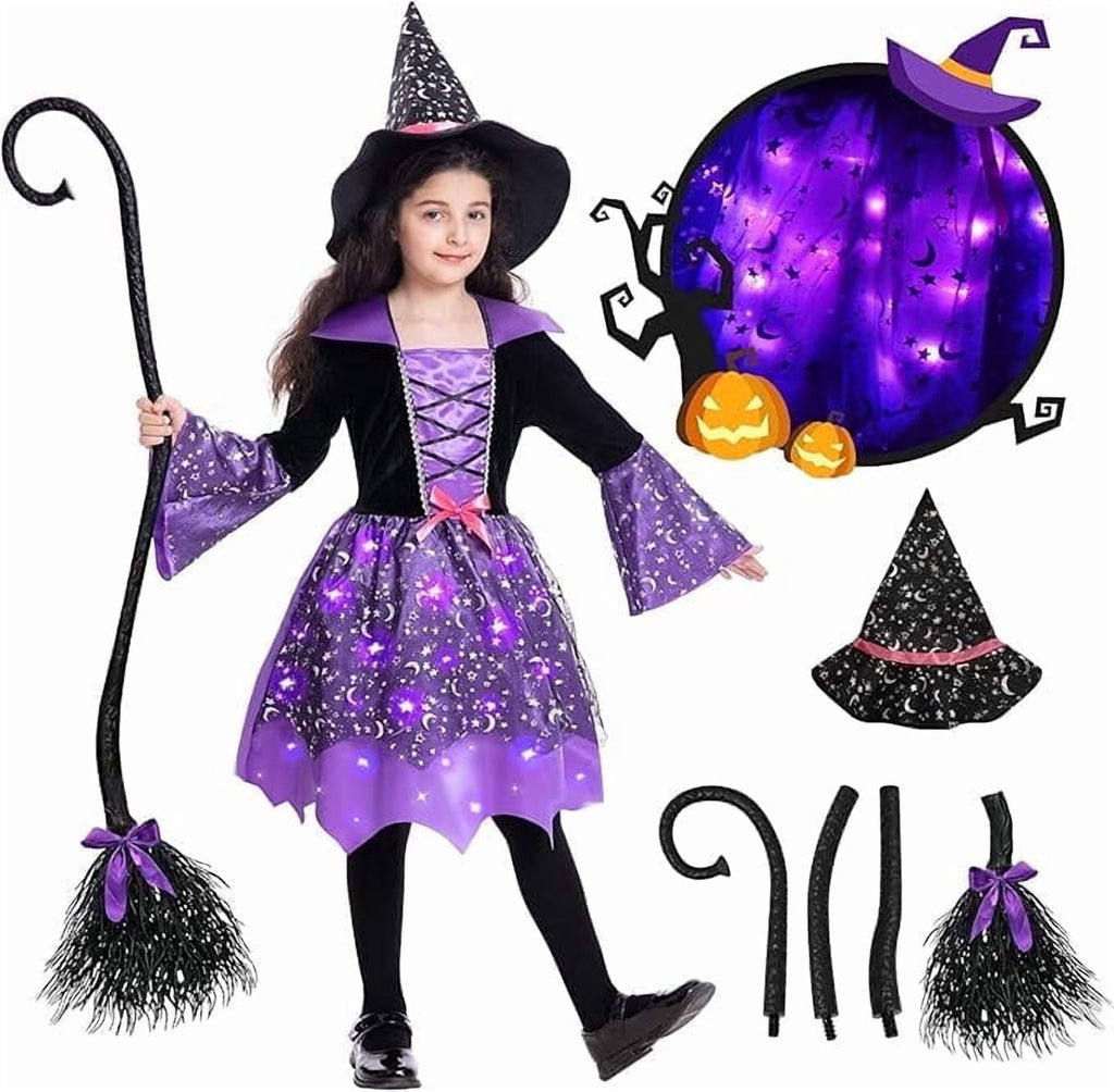 Sefiry Light-Up Witch Halloween Costume for Girls, LED Glowing Dress, Hat & Broom Set, 5-7T