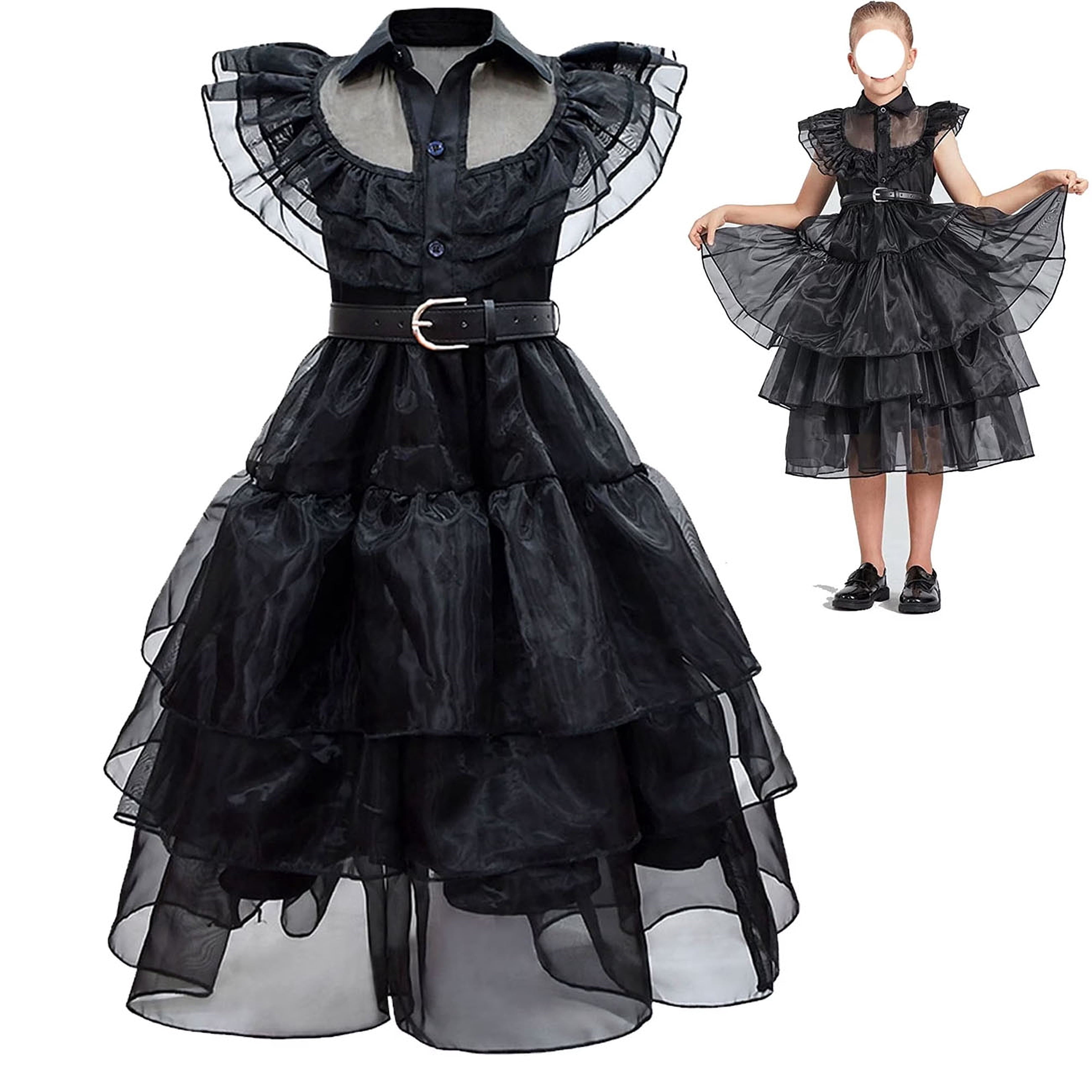 Little Girls Black Dress Halloween Cosplay Party Costume+Wig