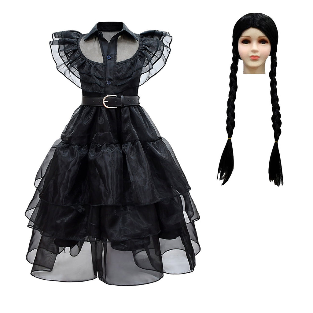 Little Girls Addams Wednesday Black Dress Halloween Cosplay Party Costume Outfit