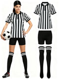 MARTINE MALL 4 Pcs Women Referee Costume Black and White Stripe Ref Shirt Jersey Shorts Referee Hat for Halloween Party Costumes Outfits