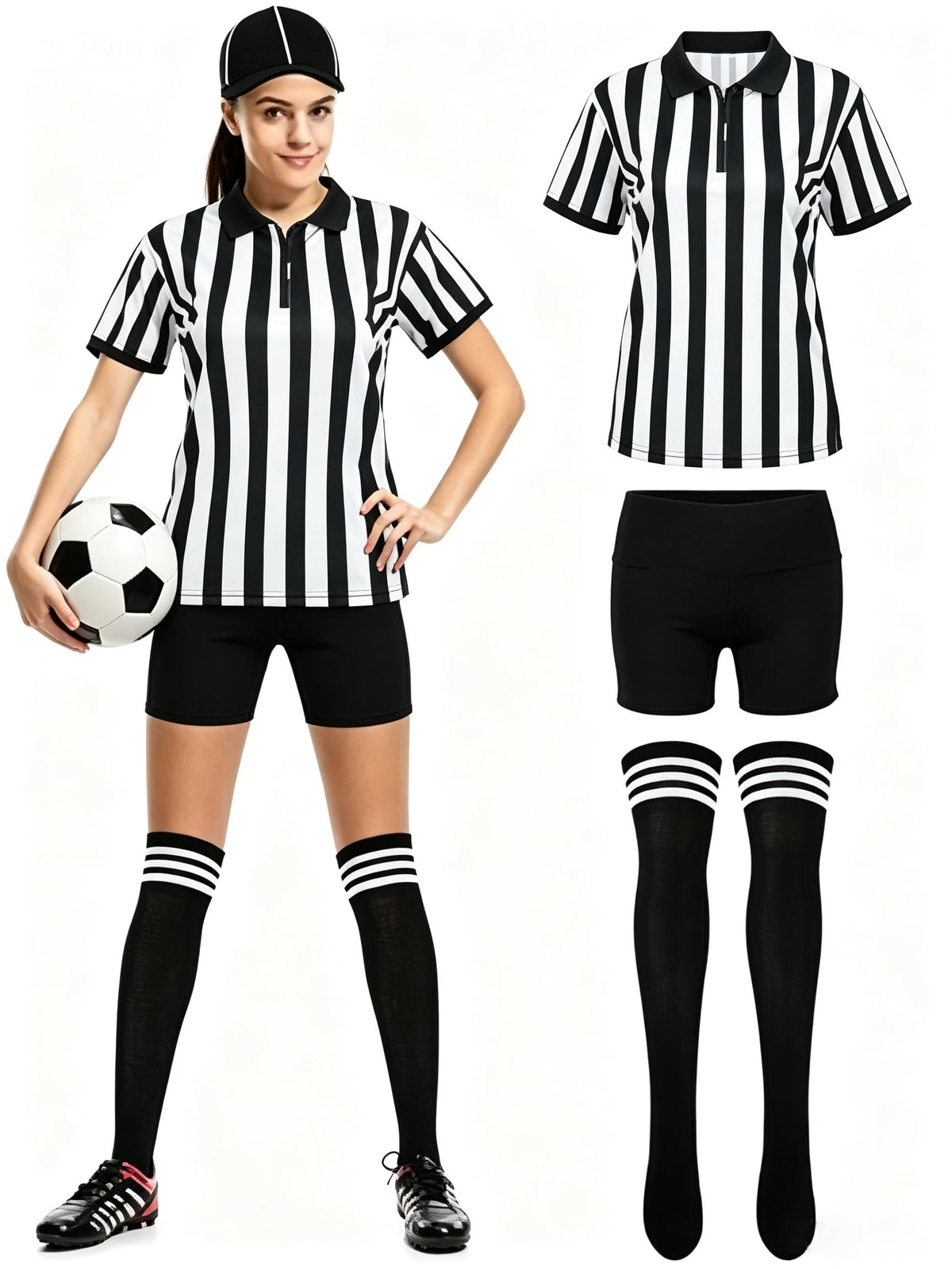 MARTINE MALL 4 Pcs Women Referee Costume Black and White Stripe Ref Shirt Jersey Shorts Referee Hat for Halloween Party Costumes Outfits