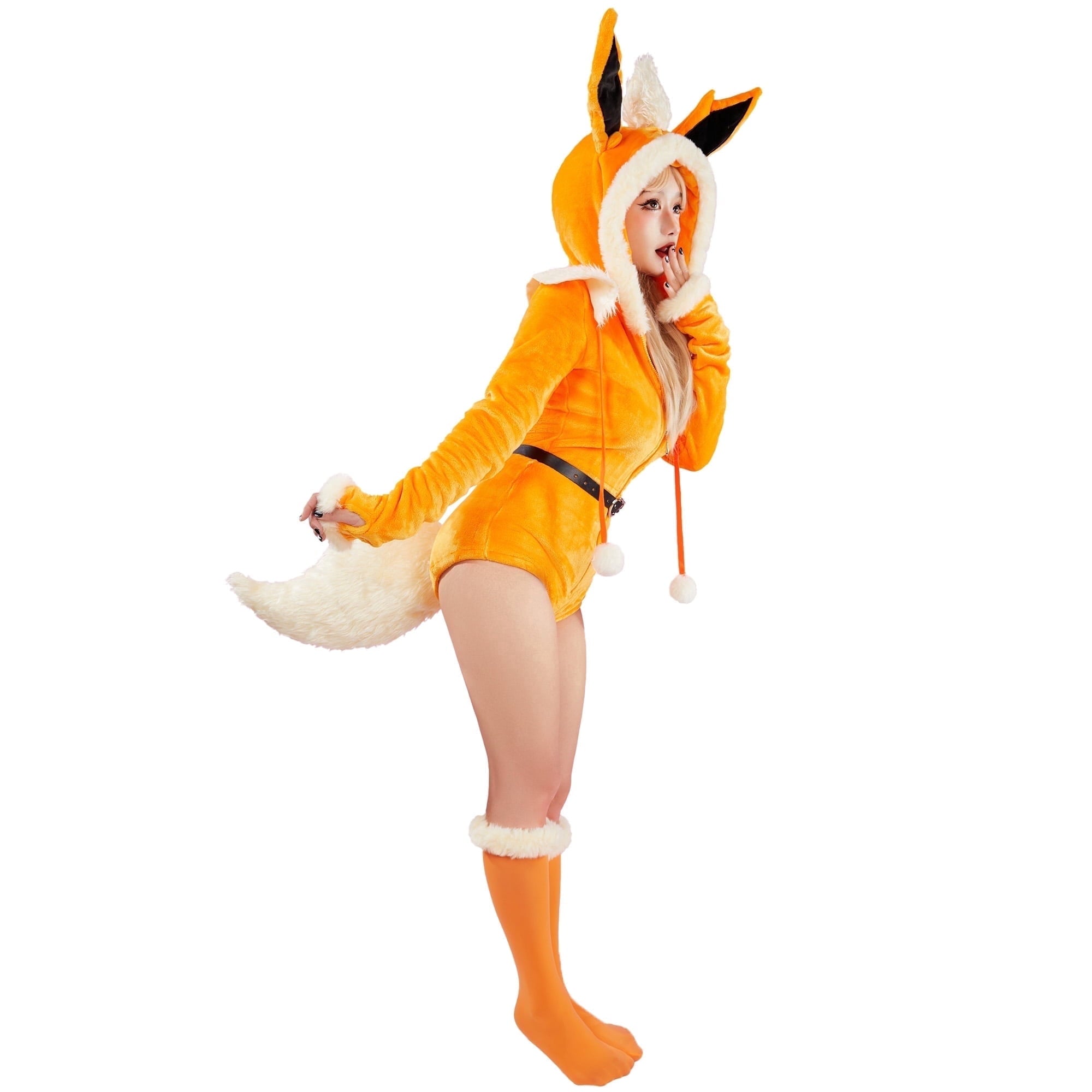 Women sexy Fluffy Hooded Bodysuit Halloween Deep V Kawaii One Piece Lingerie Rompers with Choker and Socks