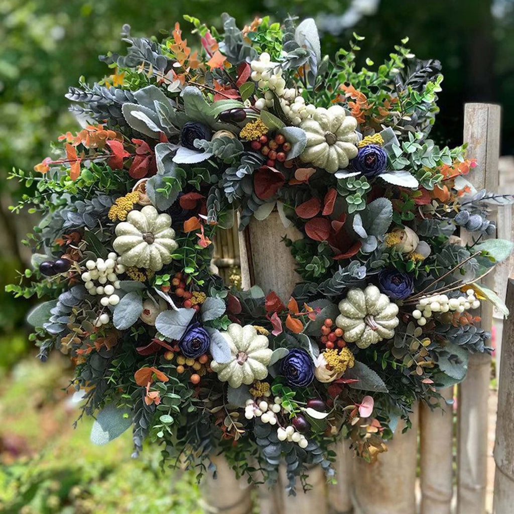 MXTPOV Halloween Decorations 19x19 inch Fall Garland White Pumpkin Berries Flowers Mixed Leaves Halloween Garland Thanksgiving Decorations Fall Wreaths for Front Door Home Decor