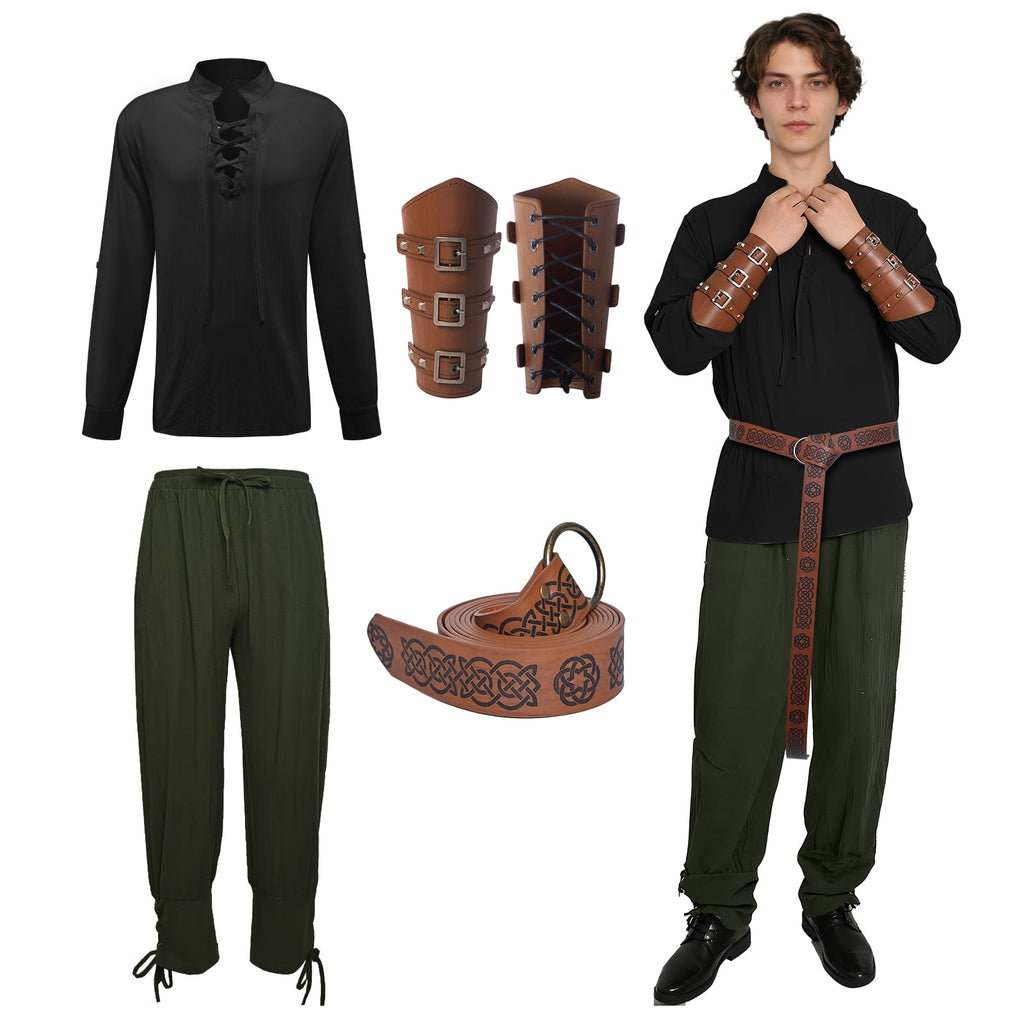 MYATED 5 Pcs Halloween Men's Renaissance Costume Set Medieval Pirate Shirt Ankle Banded Pants Viking Costume Accessories Set,Black,M