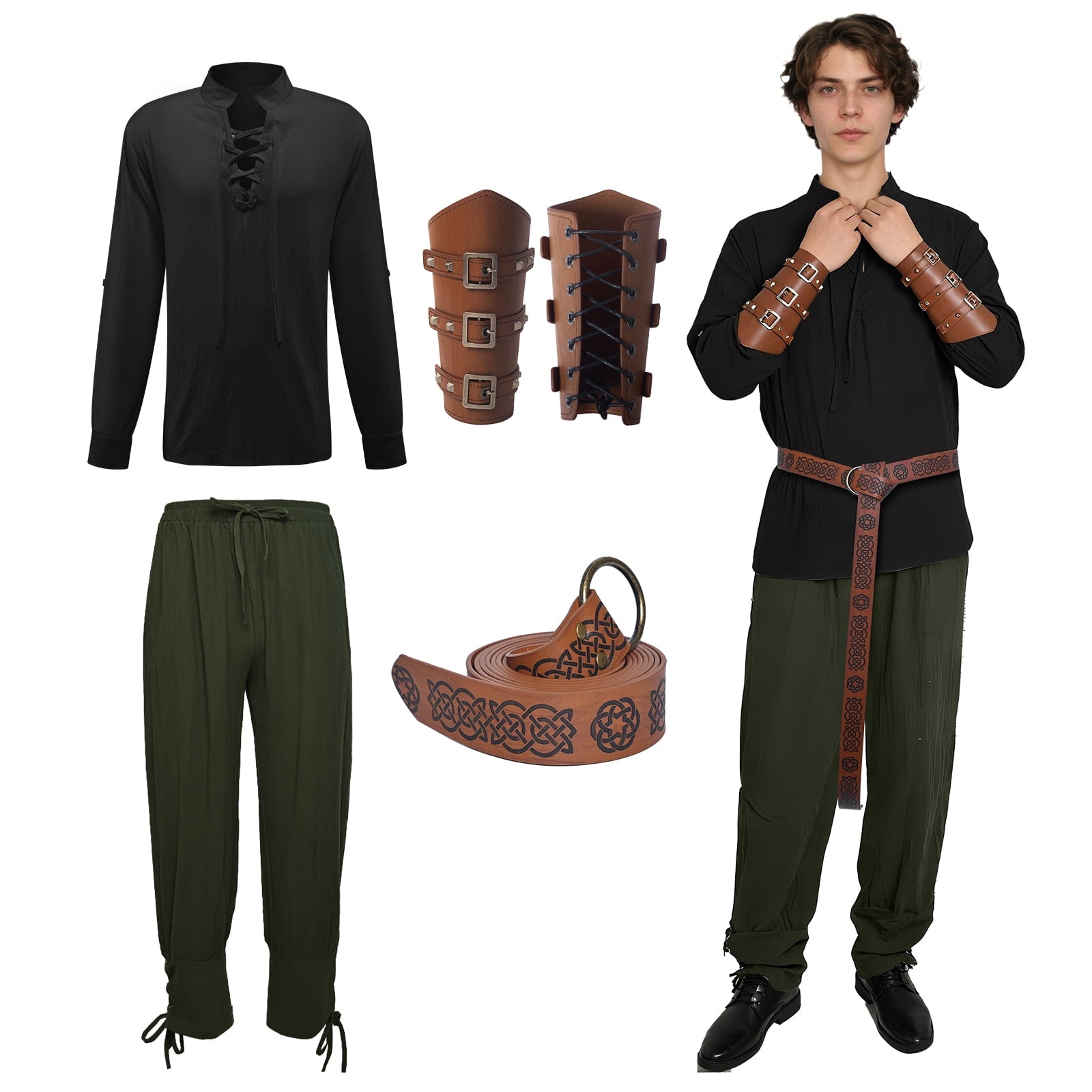 MYATED 5 Pcs Halloween Men's Renaissance Costume Set Medieval Pirate Shirt Ankle Banded Pants Viking Costume Accessories Set,Black,M