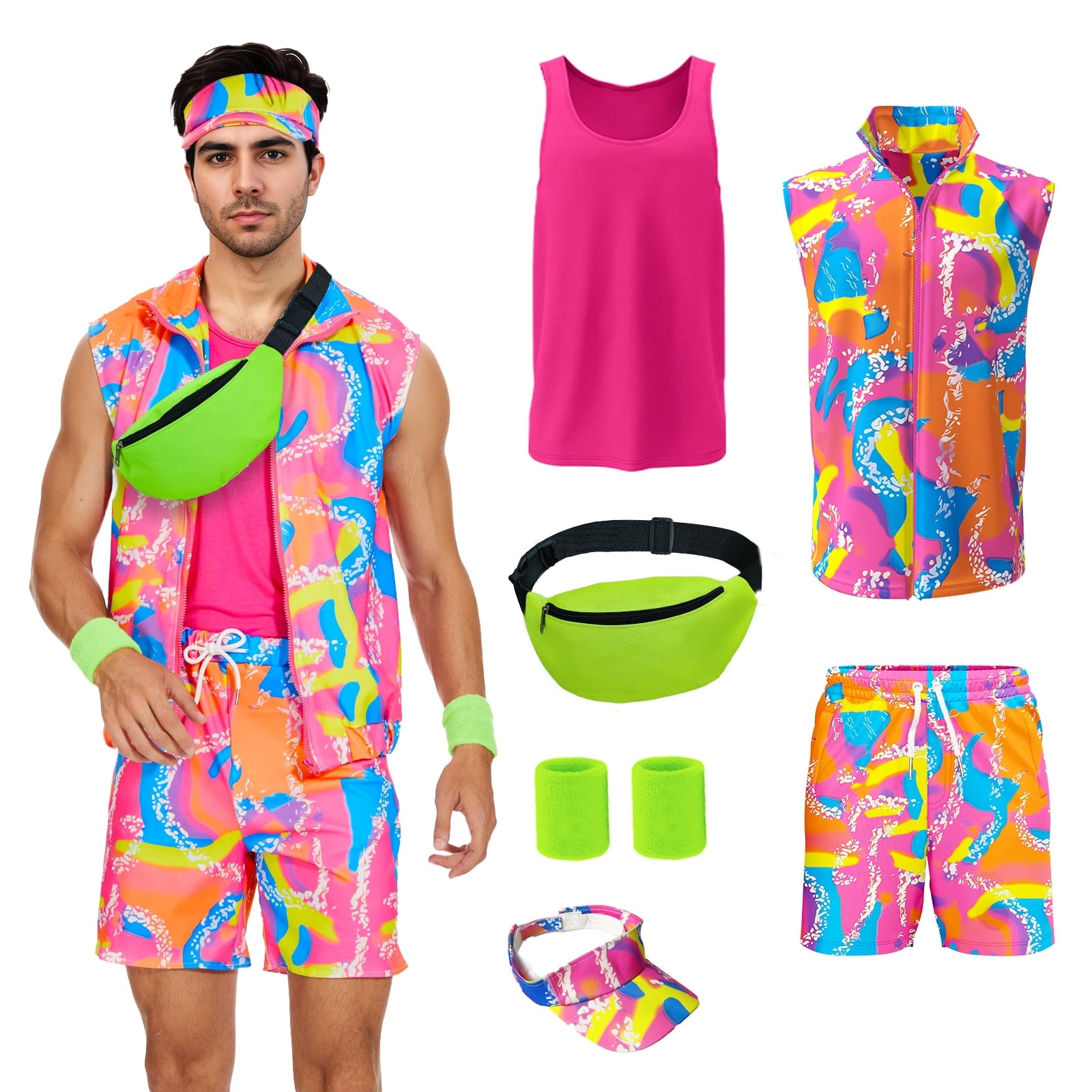 MYATED 6 Pieces 80s Men Workout Costume Halloween Cosplay Outfits 80s 90s Workout Outfit Party Clothing for Adult Mens,XL