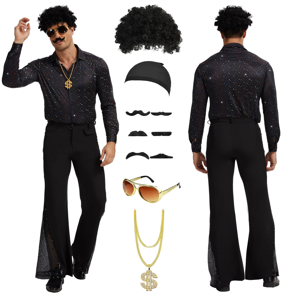 MYATED 70s Disco Costume for Men 6 Pcs Dance Bell Bottom Pants Retro Shirts Wigs Sunglasses Necklace Shirts for Disco Party (Black,L)