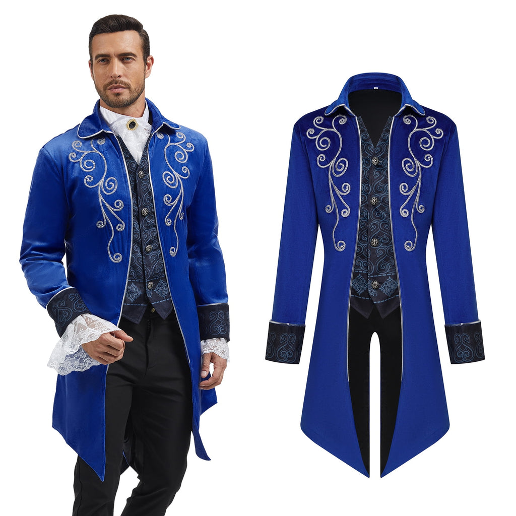 MYATED Medieval Steampunk Tailcoat for Men,Gothic Victorian Frock Coat Renaissance Pirate Jackets Halloween Party Cosplay Costumes,Blue,S