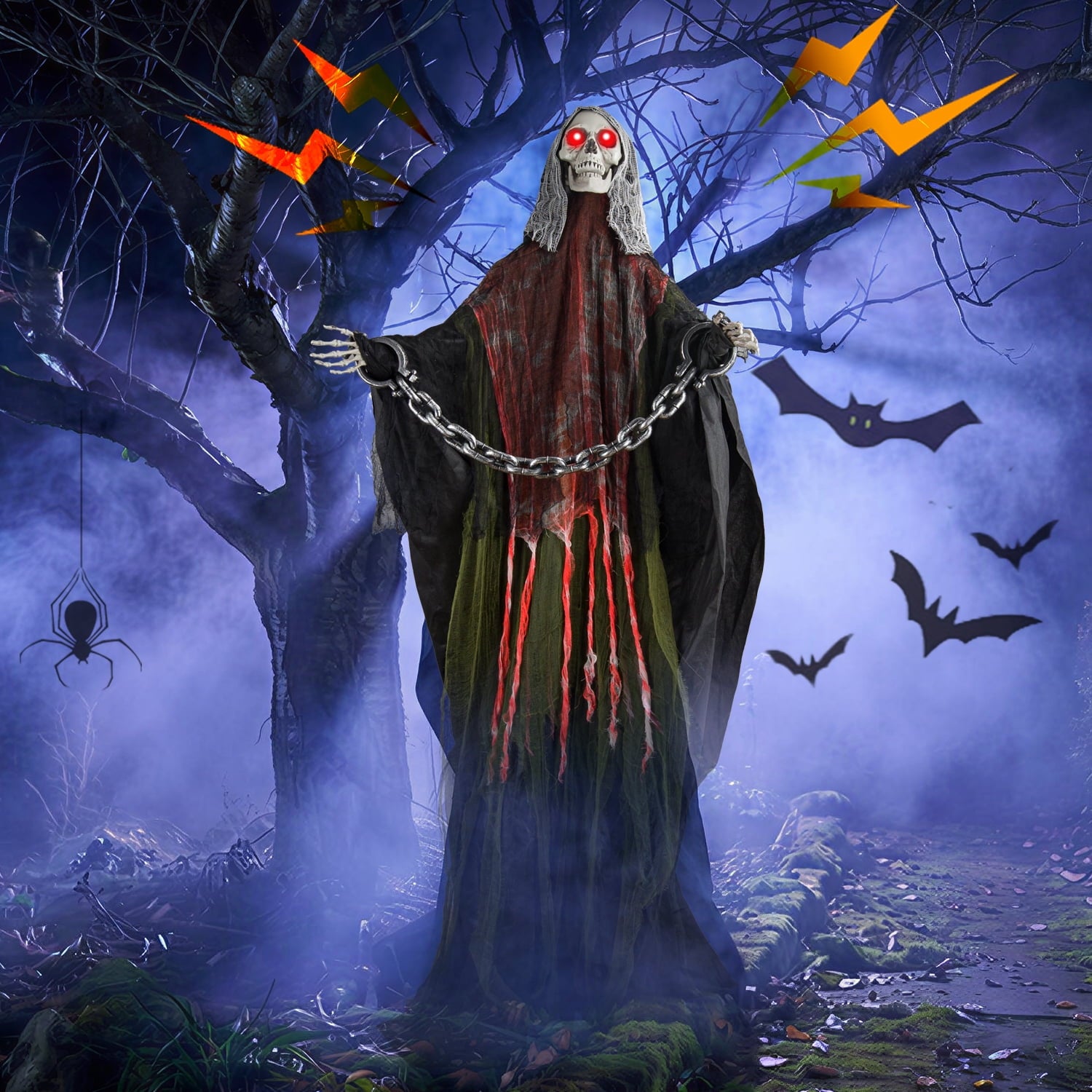 Magotan 6ft Halloween Outdoor Skeleton Ghost Decorations, Sound Controlled Swinging Scary Skeleton Ghost Halloween Decoration for Outdoor Garden Porch Yard Decor,Red