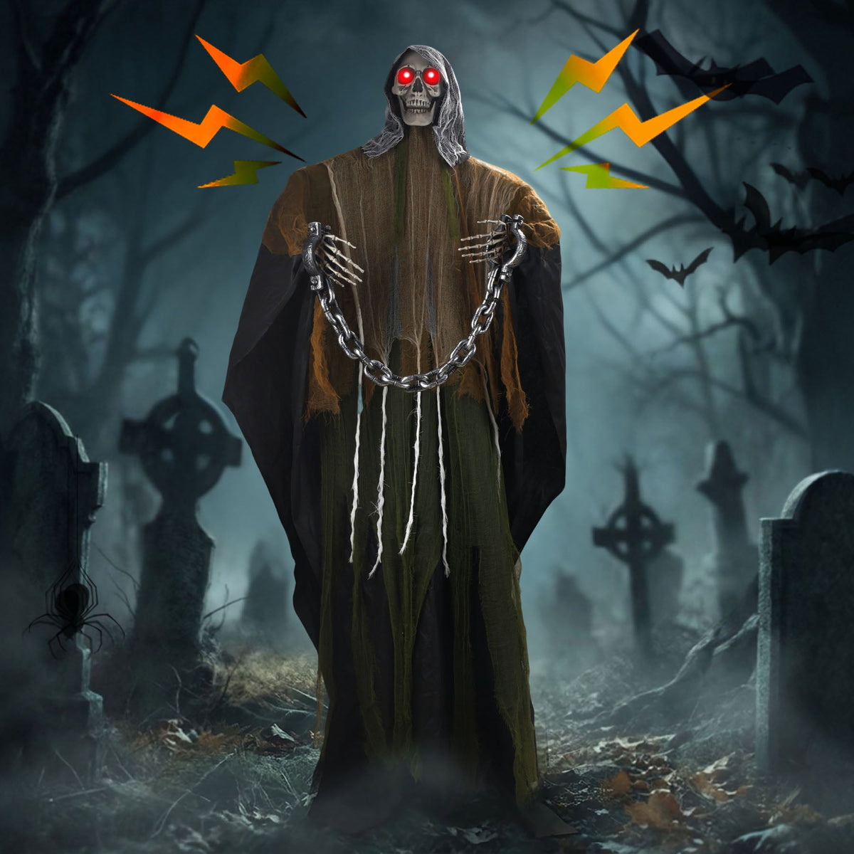 Magotan 6ft Halloween Outdoor Skeleton Ghost Decorations, Sound Controlled Swinging Scary Skeleton Ghost Halloween Decoration for Outdoor Garden Porch Yard Decor,Red