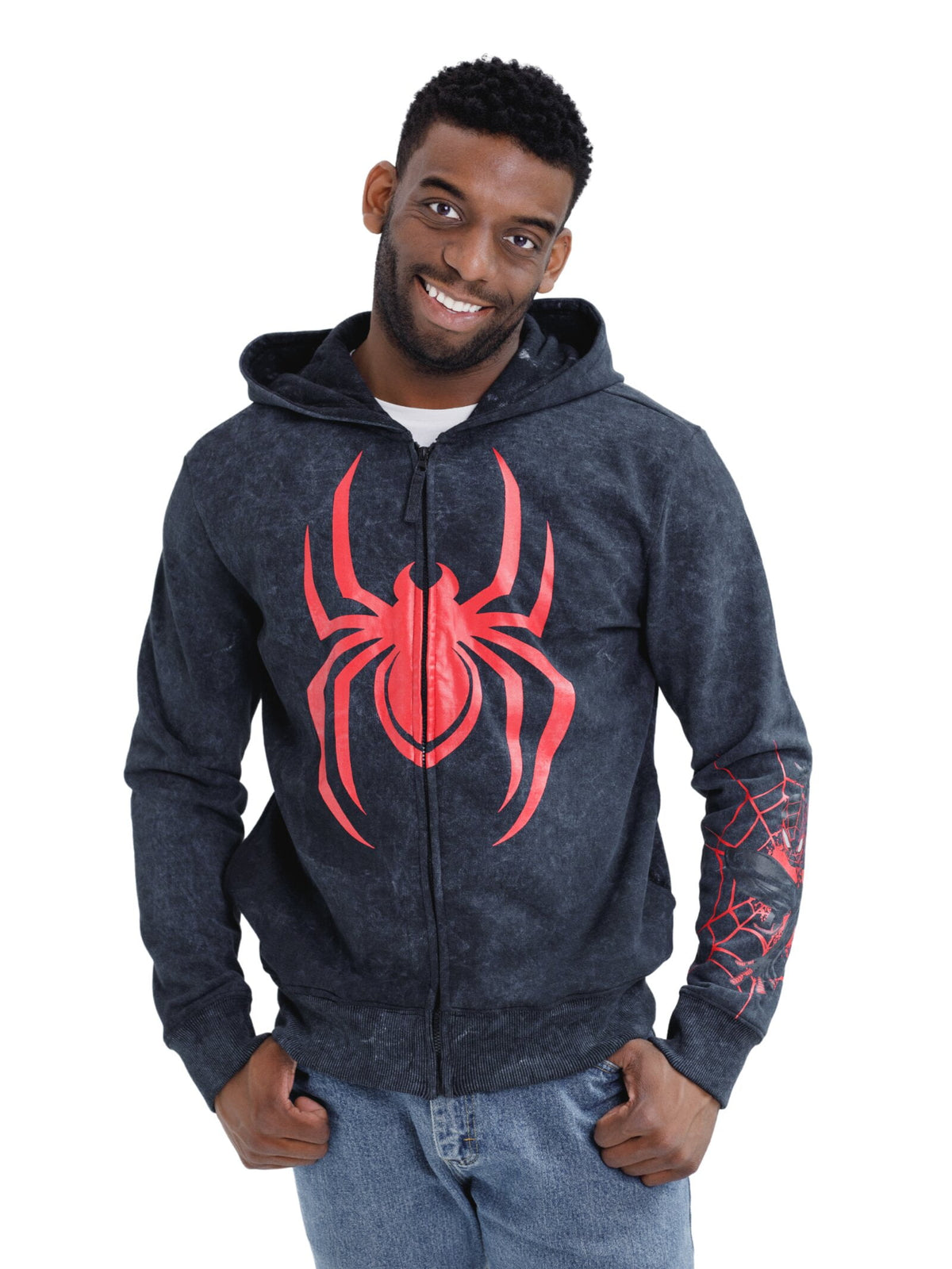 Marvel Spider-Man Adult Men or Women Cosplay Fleece Zip-Up Hoodie Miles Morales Charcoal
