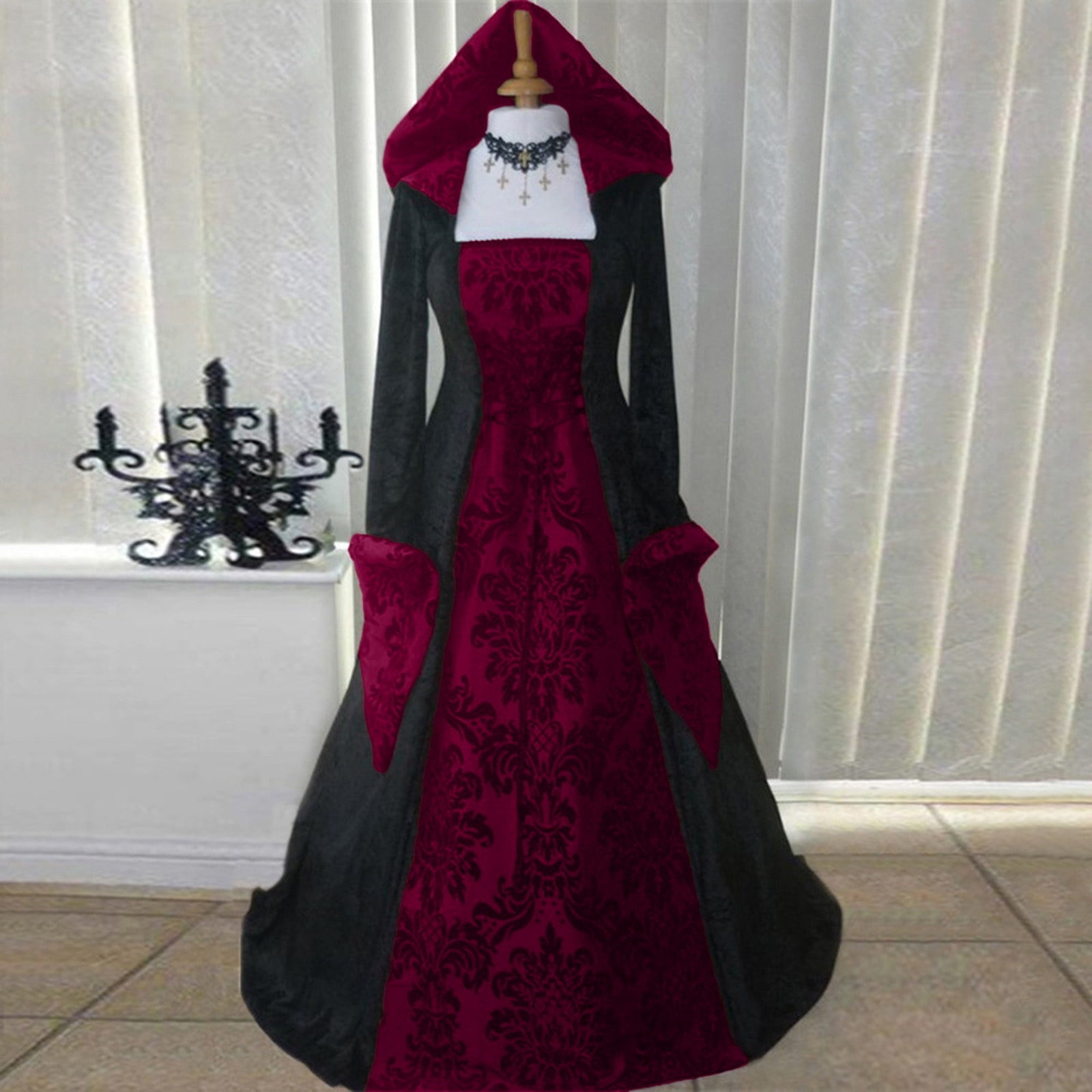 Medieval Damask Gown, Renaissance Witch Costume, Halloween Vampire Dress, Bell Sleeve Hooded Gown, Women Victorian Gothic Hooded Witch Dress Vampire Sorceress Vintage Renaissance Ball Gown, Red L