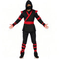 Men Ninja Costume Outfit, Complete Black‑Red Ninja Hooded Suit with Face Mask for Adult, Halloween Cosplay Theme Party Fancy Dress for Men