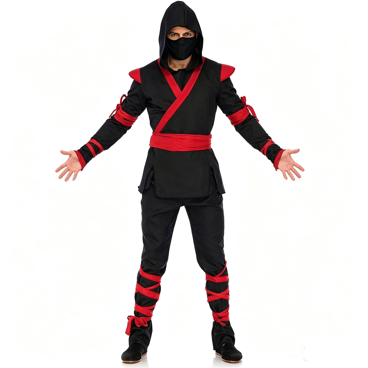 Men Ninja Costume Outfit, Complete Black‑Red Ninja Hooded Suit with Face Mask for Adult, Halloween Cosplay Theme Party Fancy Dress for Men