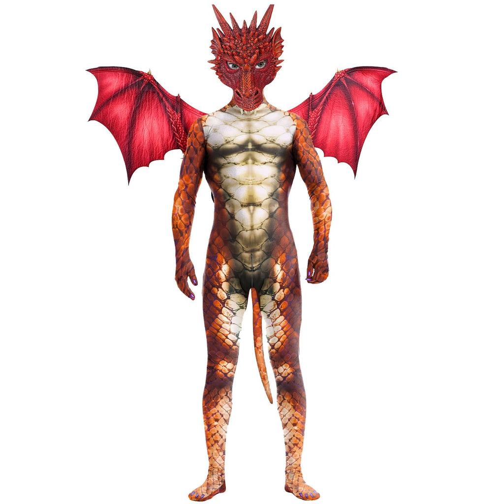 Men's Full Body Dragon Costume Bodysuit with Wings,Mask,Tail,Halloween Dragon Muscle Animal Catsuit Costume